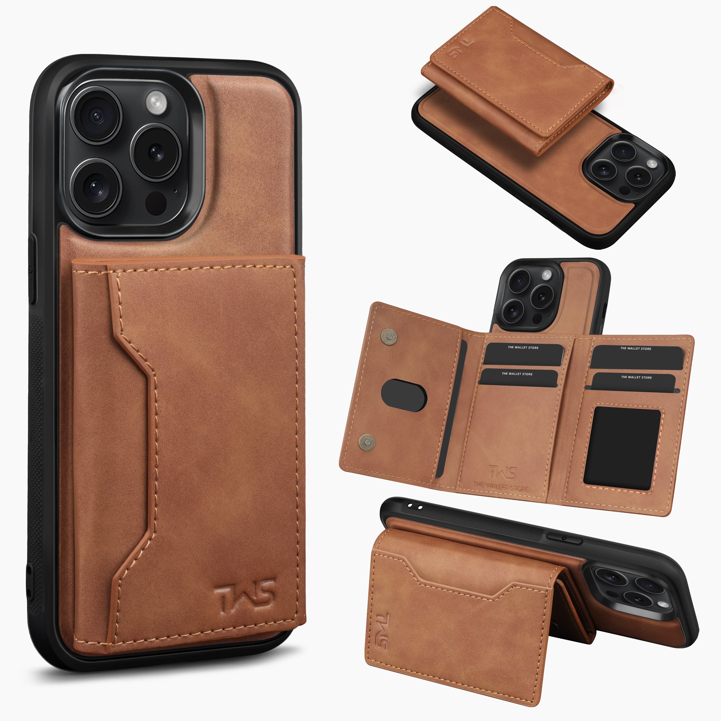 Premium Leather iPhone 14 Case Cover With Detachable Cardholder - Tan
