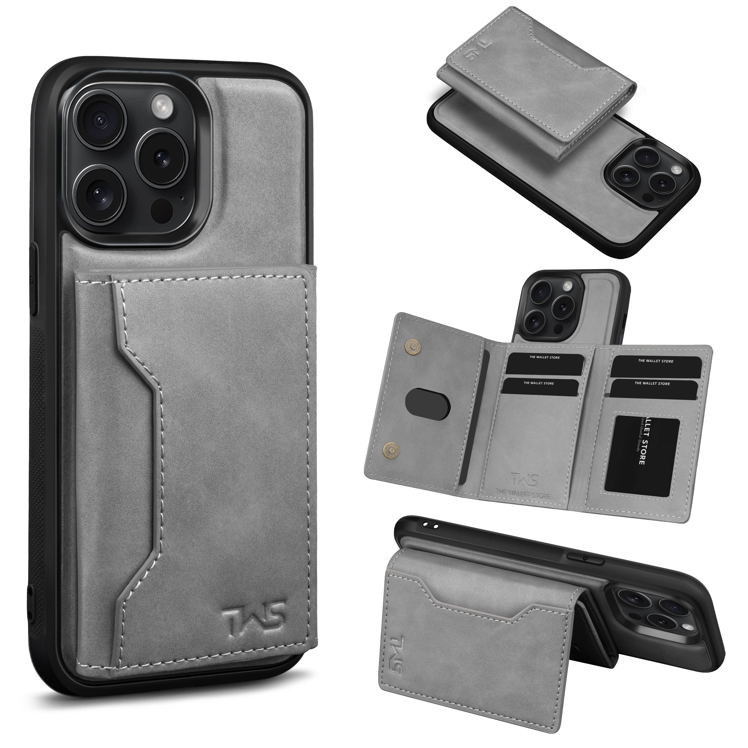 Premium Leather iPhone 14 Case Cover With Detachable Cardholder - Grey