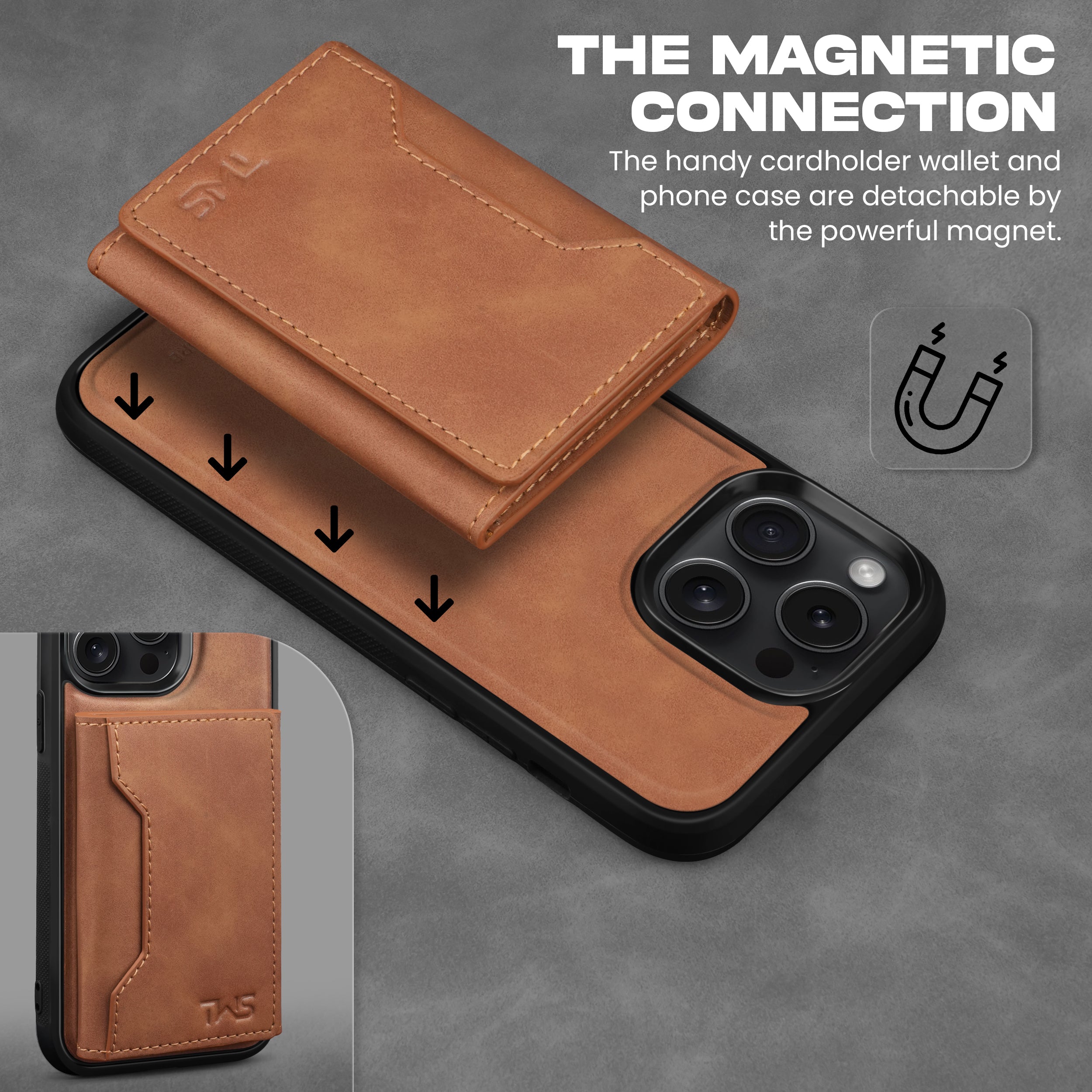 Premium Leather iPhone 14 Case Cover With Detachable Cardholder - Tan