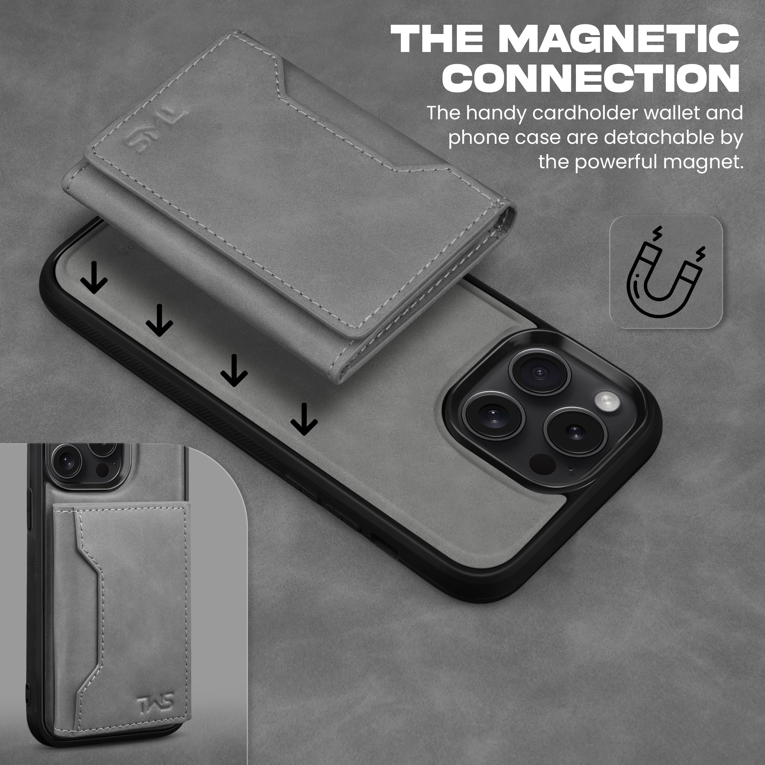 Premium Leather iPhone 14 Case Cover With Detachable Cardholder - Grey