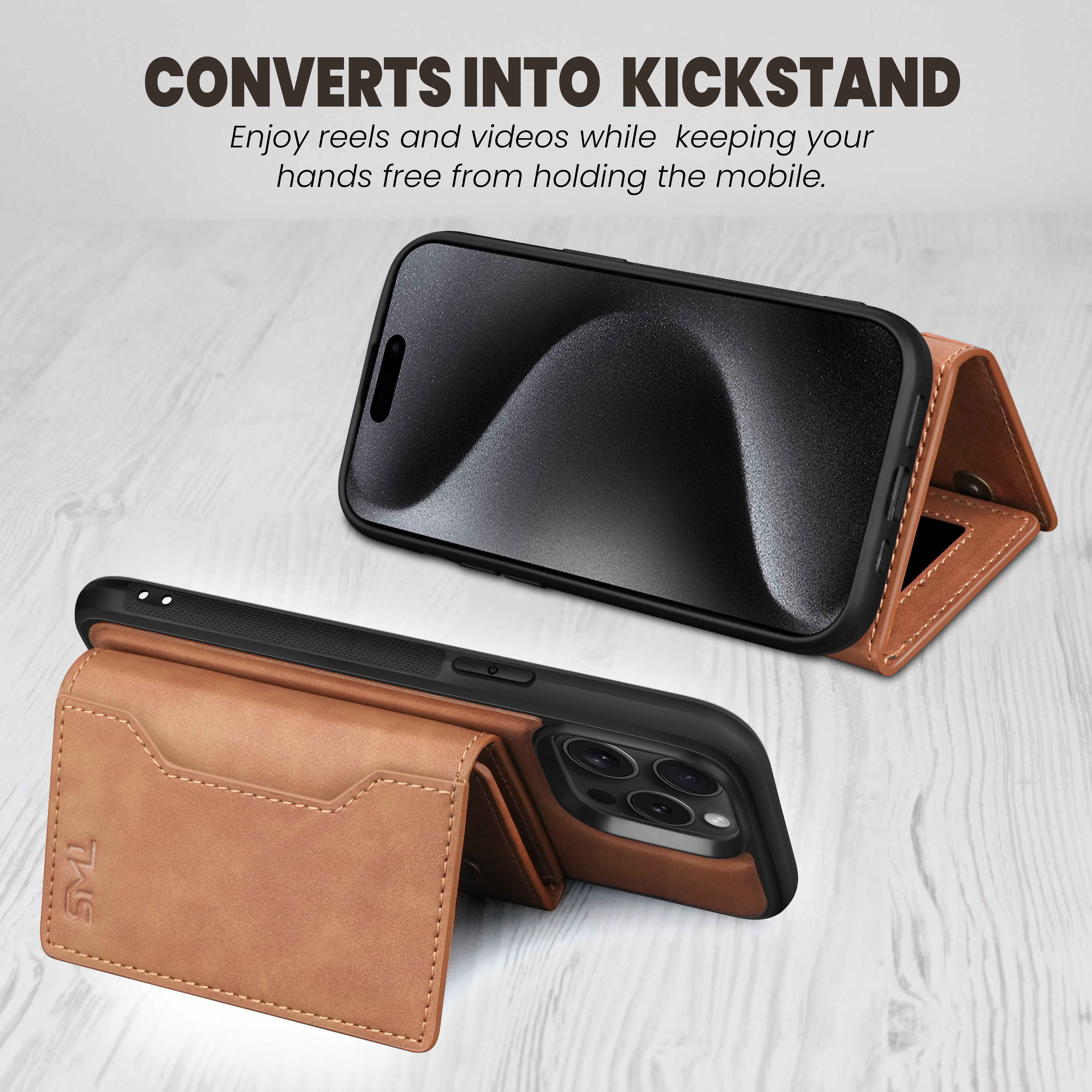 Premium Leather iPhone 14 Case Cover With Detachable Cardholder - Tan