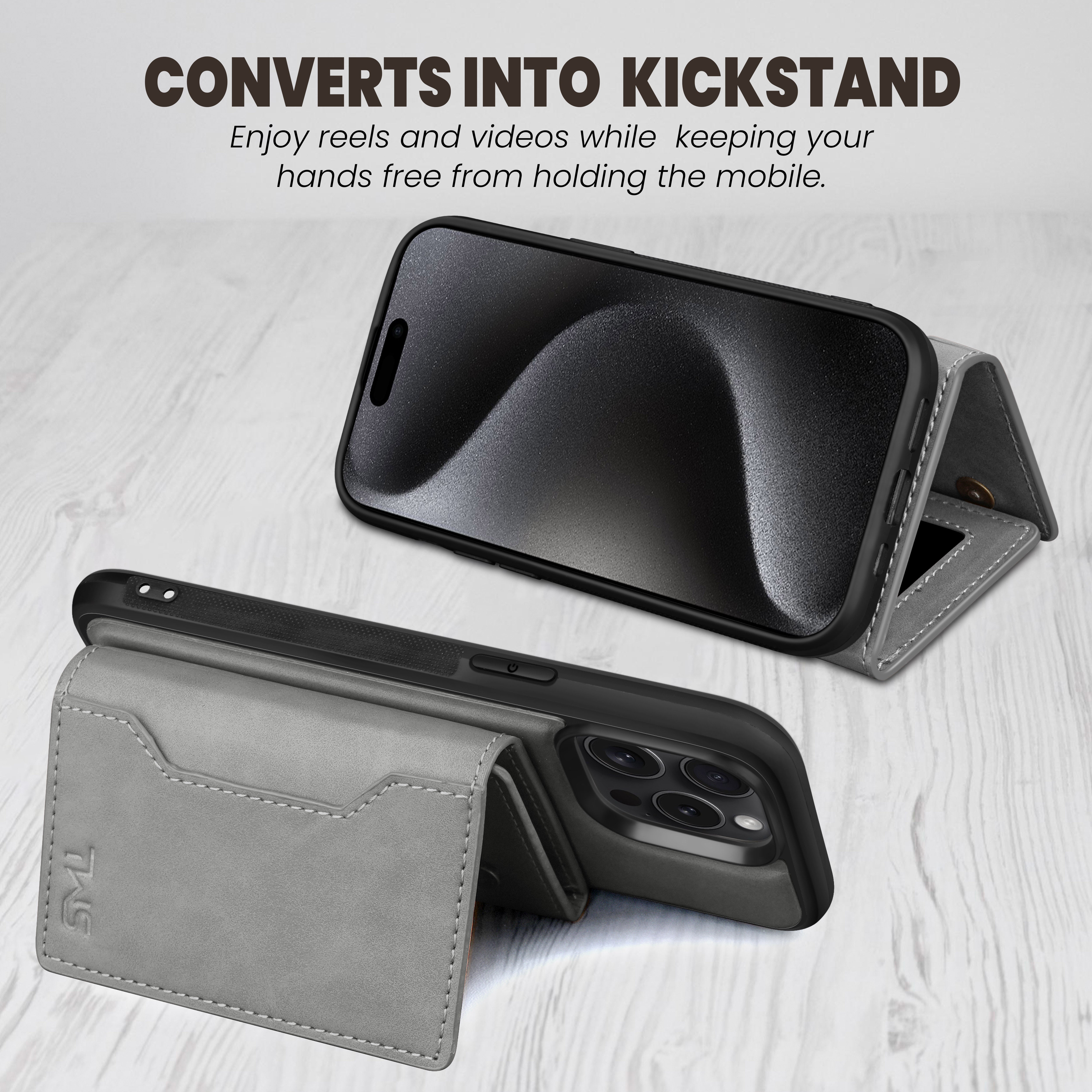 Premium Leather iPhone 14 Case Cover With Detachable Cardholder - Grey