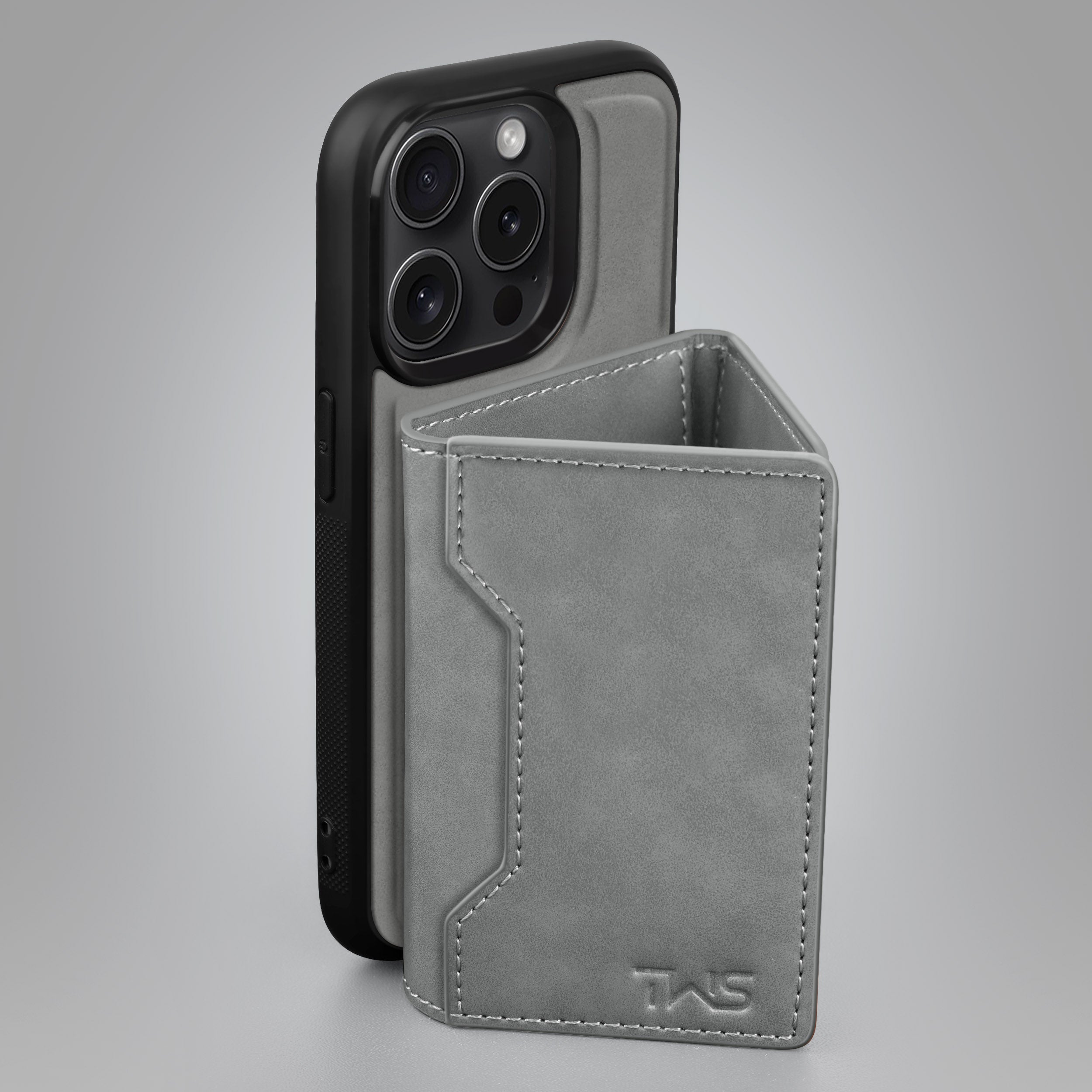 Premium Leather iPhone 14 Case Cover With Detachable Cardholder - Grey