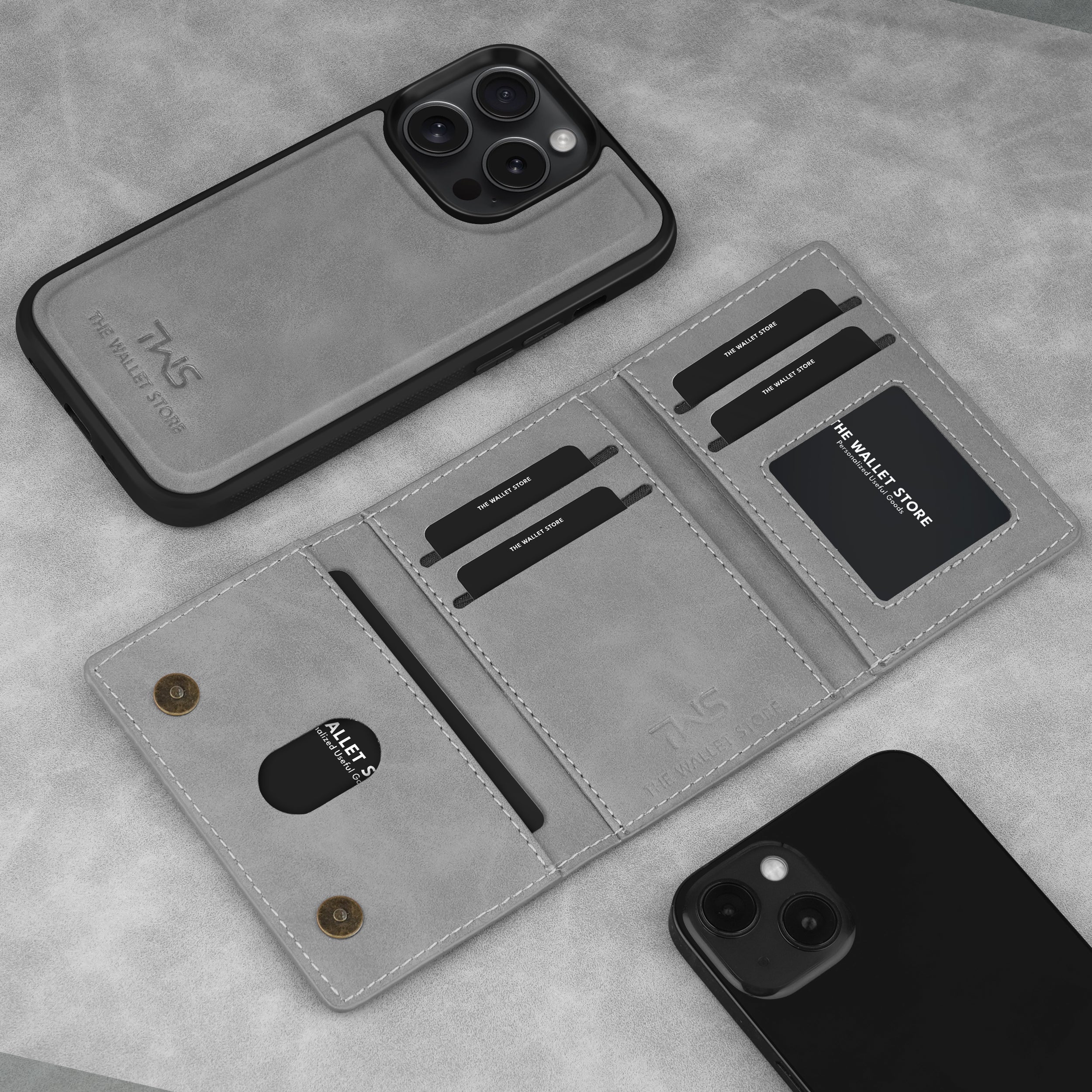 Premium Leather iPhone 14 Case Cover With Detachable Cardholder - Grey