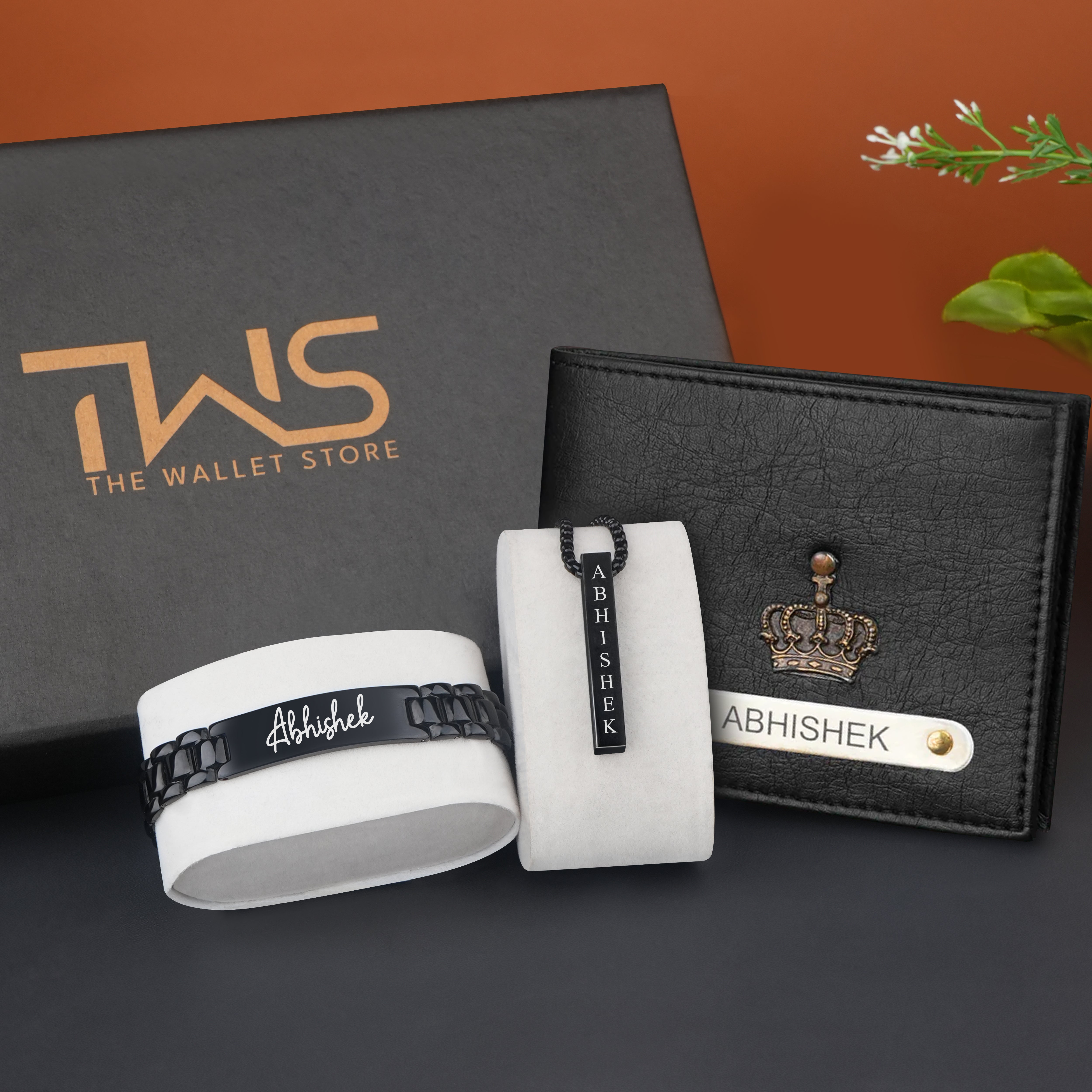 Personalized Modern Man Wallet, Necklace & Bracelet Gift Set