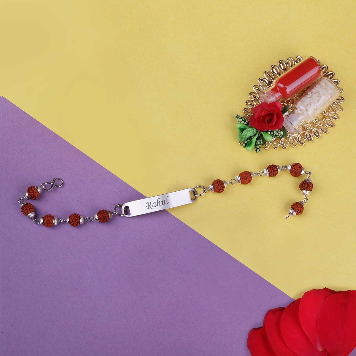 Personalized Rudraksh Chain Rakhi With Name Bar