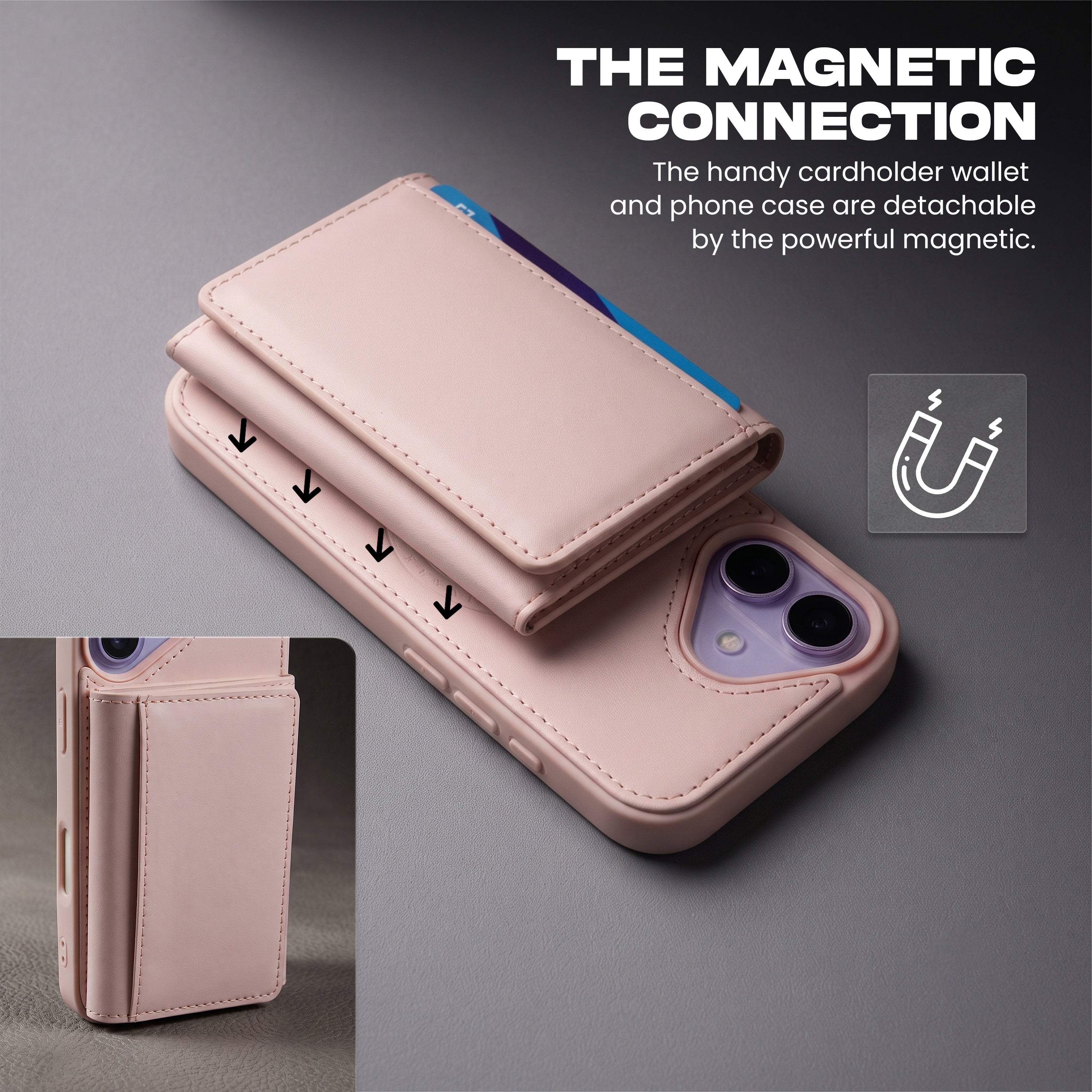 iPhone 16 Magnetic Case with Detachable Cardholder - Pink