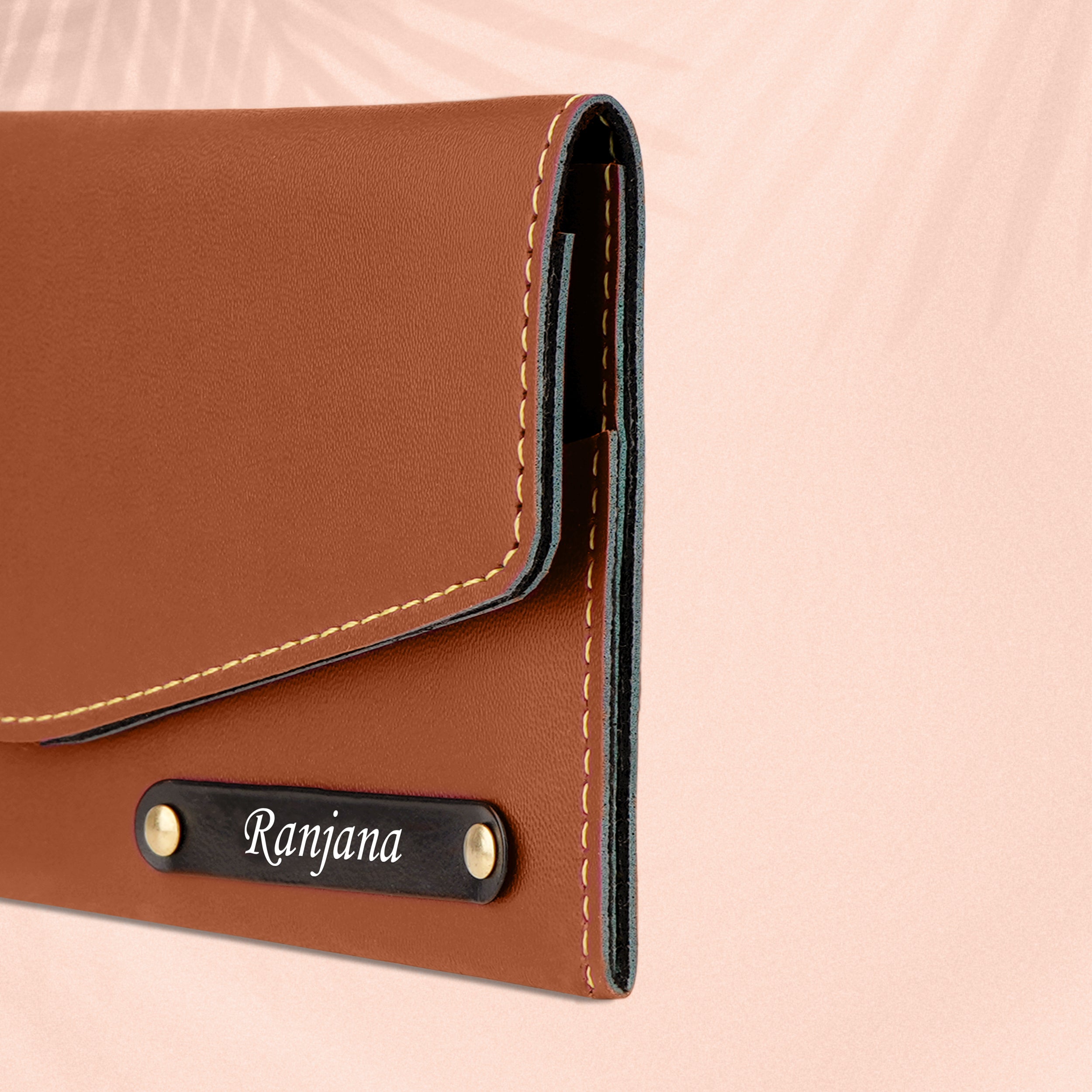 Personalized Charmed Essence Envelope Clutch With Name & Charm - Tan