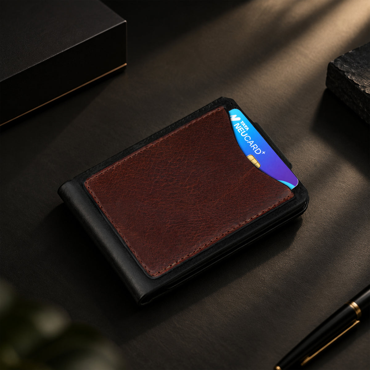 Hunter Dual-Tone Leather Wallet with Tich Button Closure - Brown