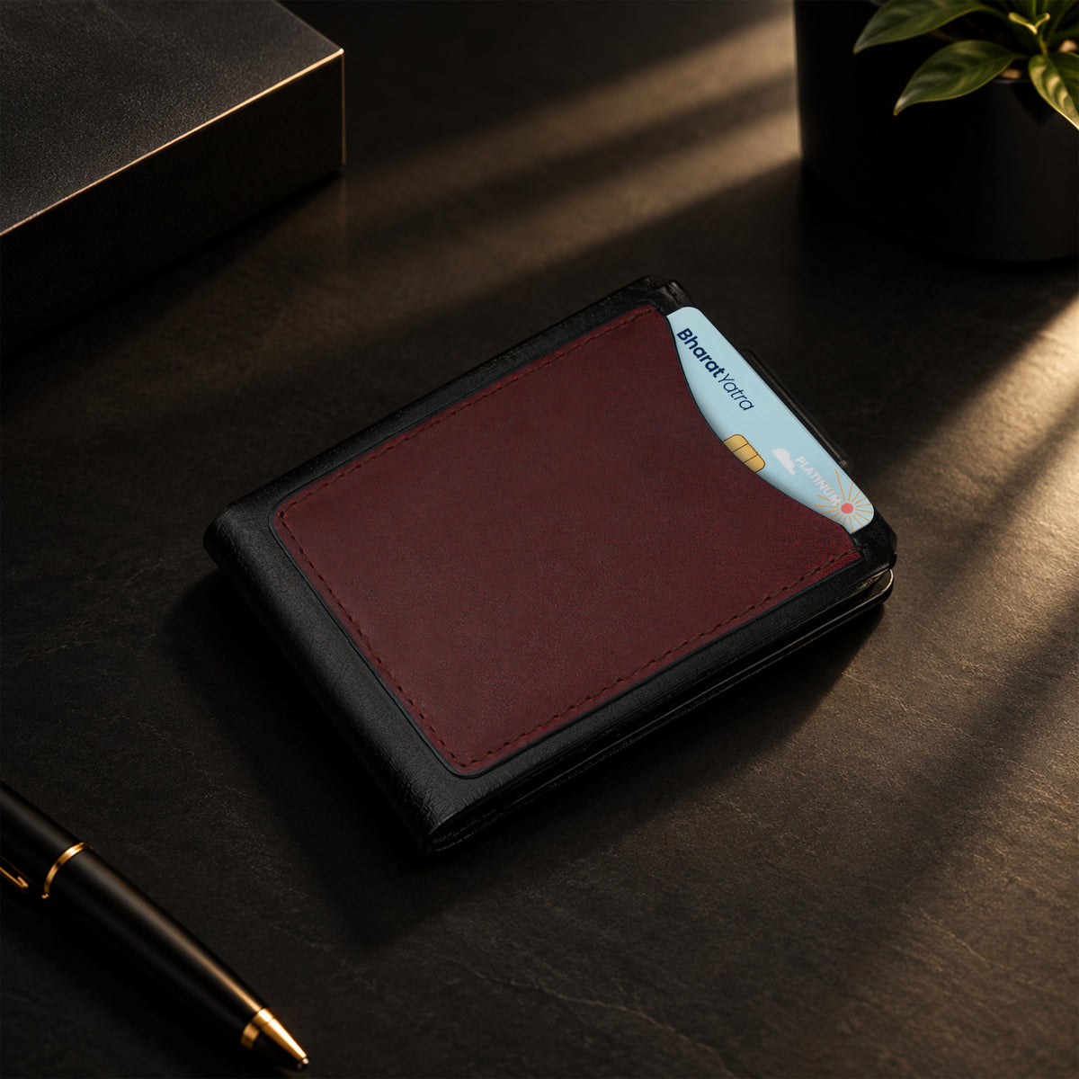 Hunter Dual-Tone Leather Wallet with Tich Button Closure - Maroon