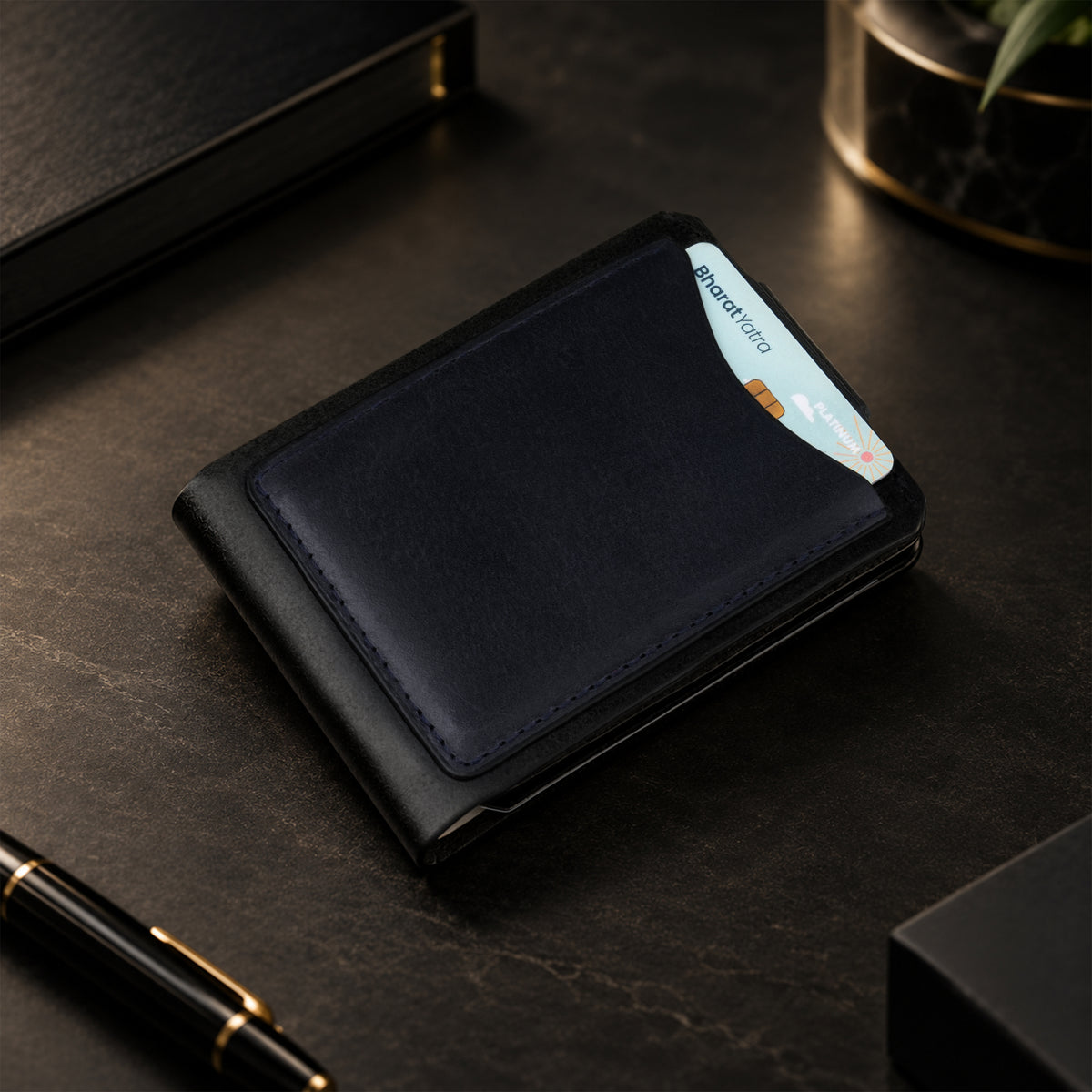 Hunter Dual-Tone Leather Wallet with Tich Button Closure - Blue