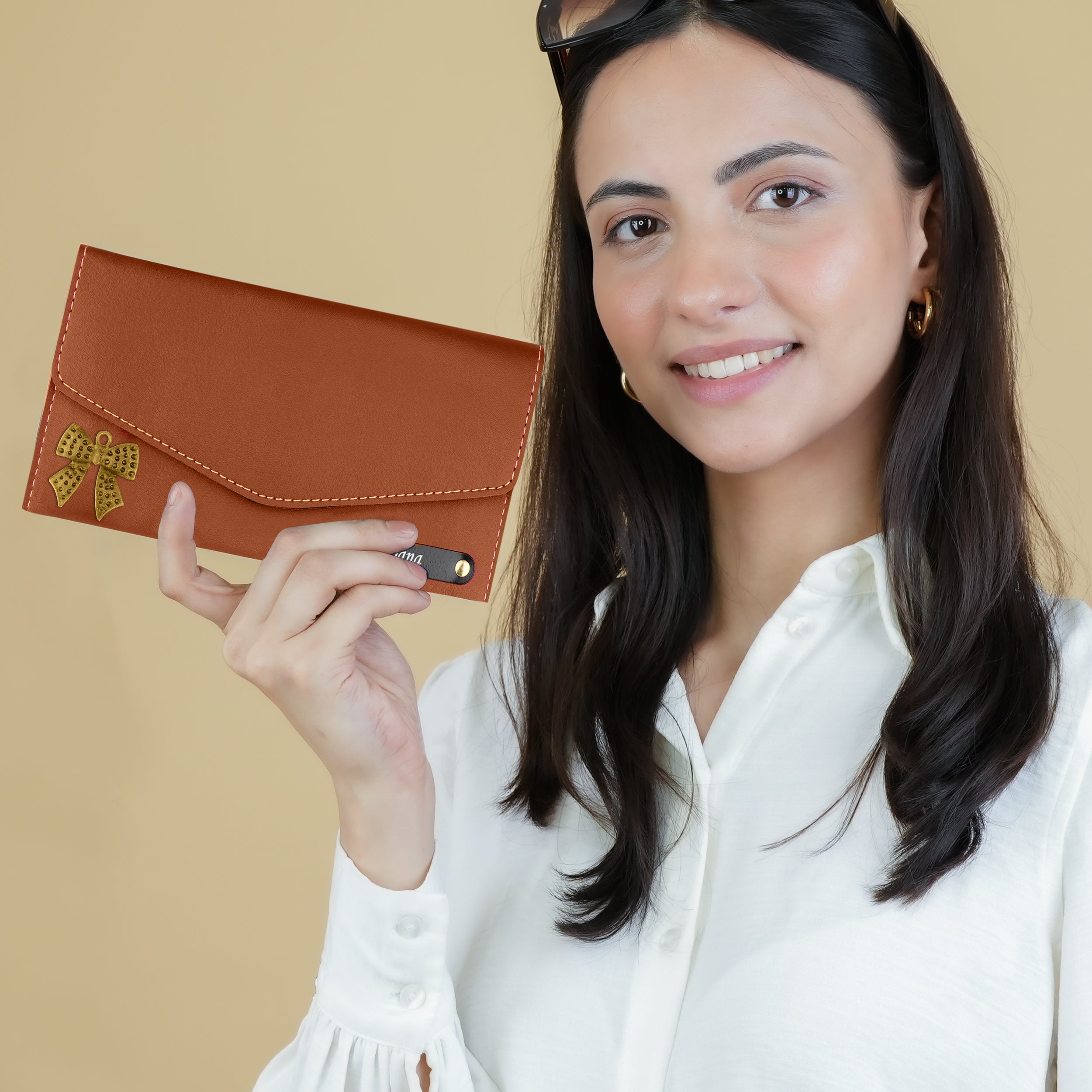 Personalized Charmed Essence Envelope Clutch With Name & Charm - Tan