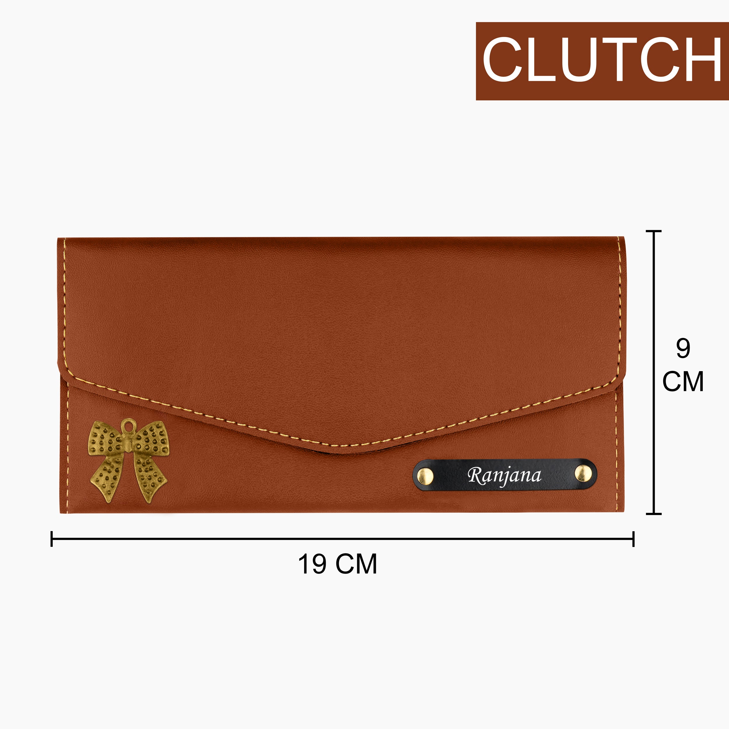 Personalized Charmed Essence Envelope Clutch With Name & Charm - Tan