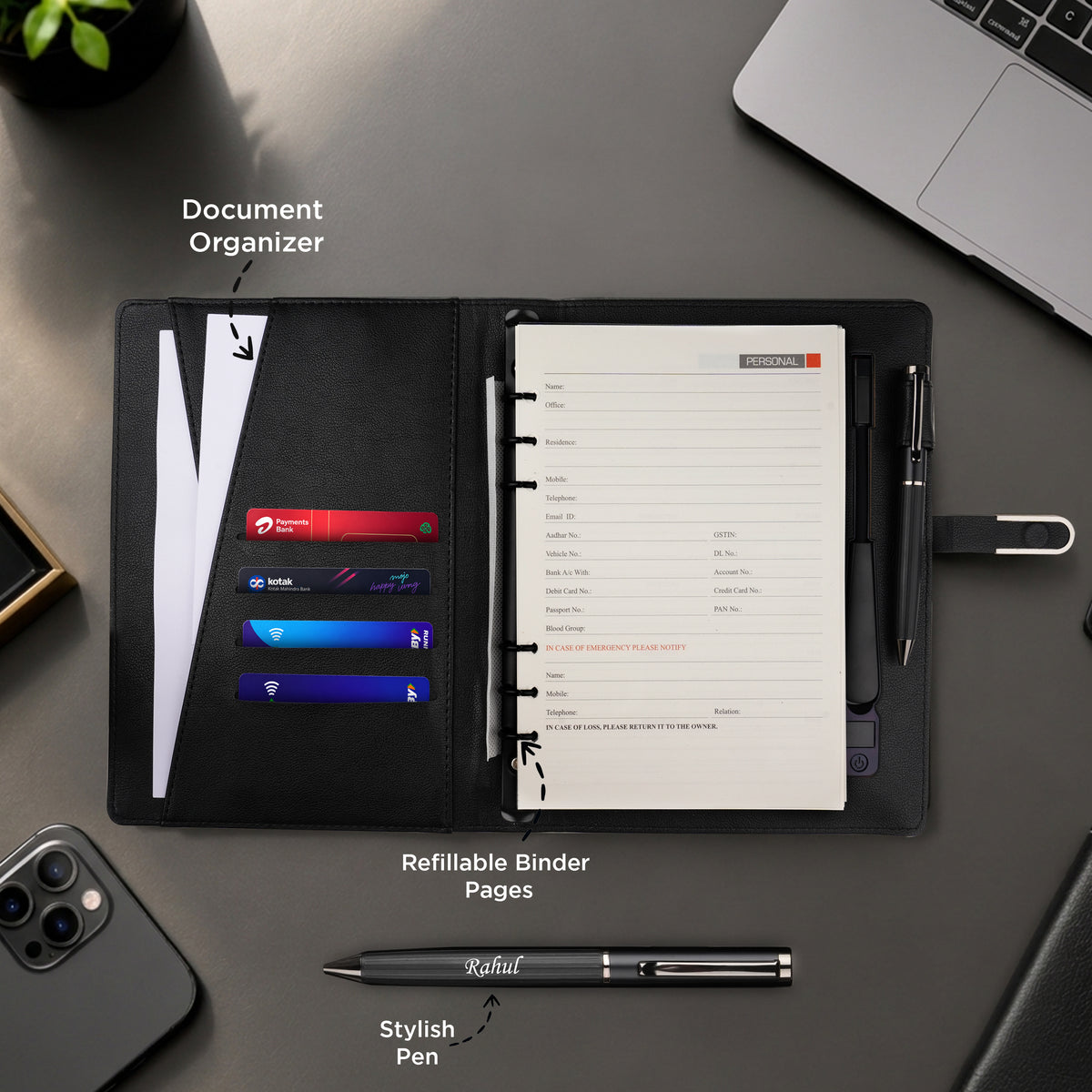 Personalized Diary & Pen Gift Set With Inbuilt LED light & Wireless Charging - Black