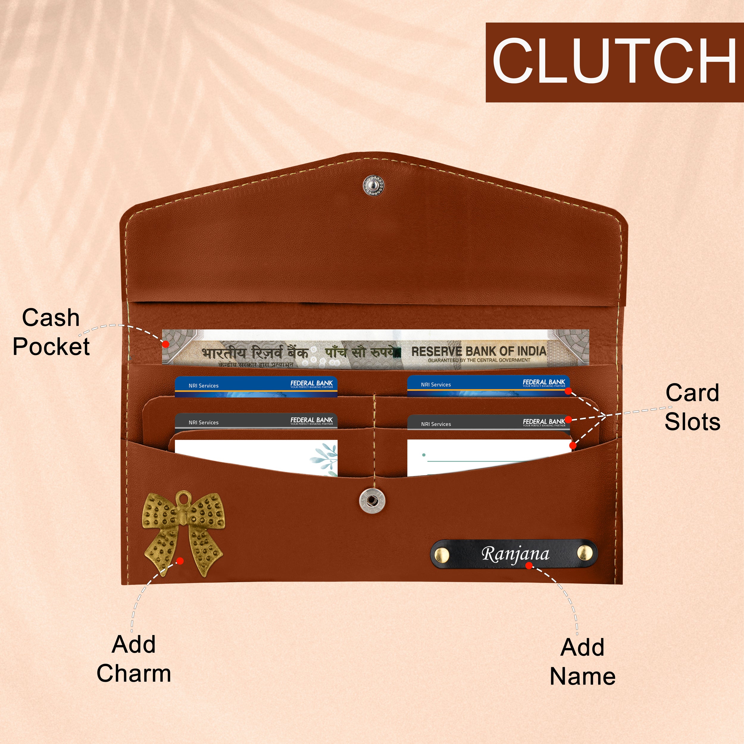 Personalized Charmed Essence Envelope Clutch With Name & Charm - Tan
