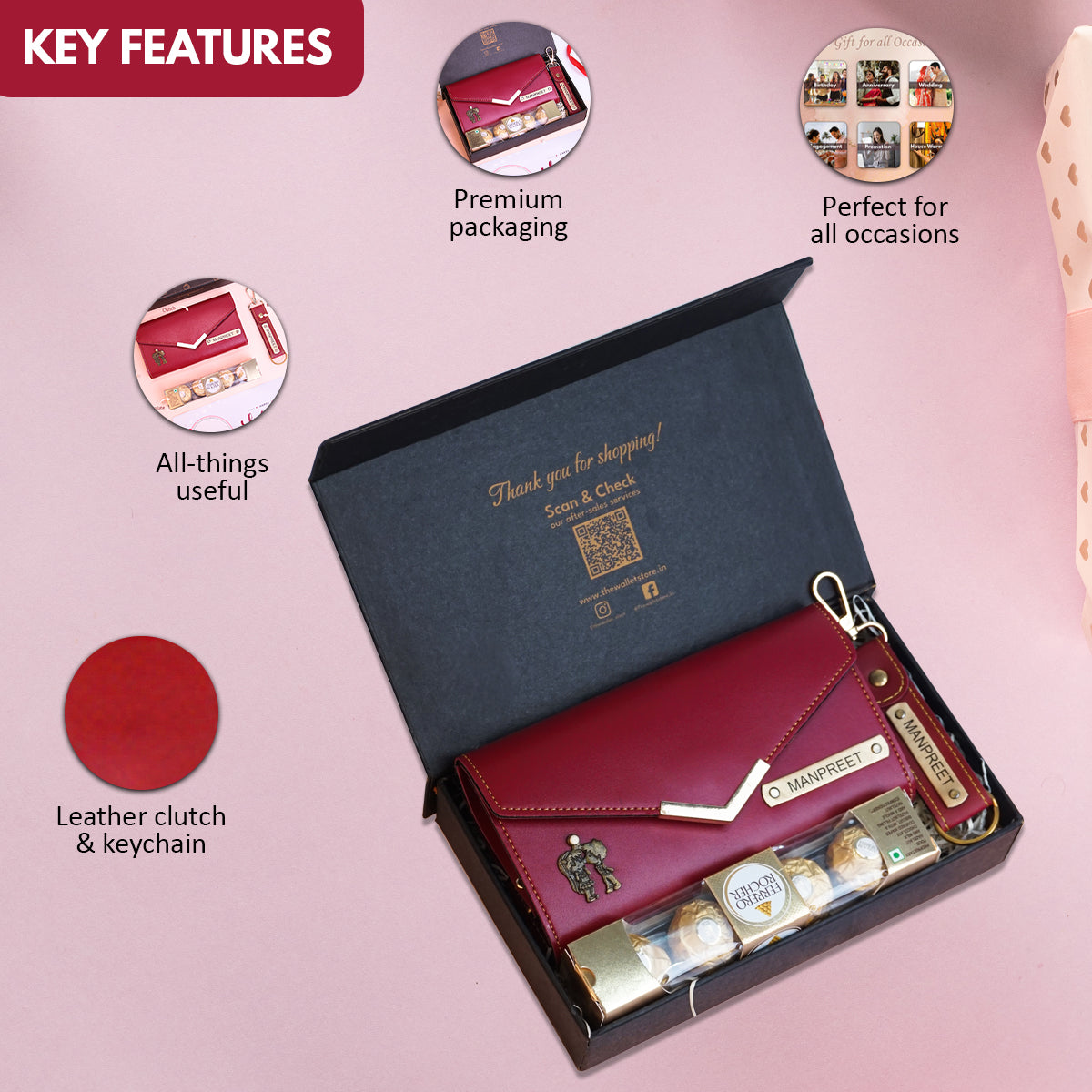 Personalized Premium Leather Clutch Keychain & Chocolate Gift Set