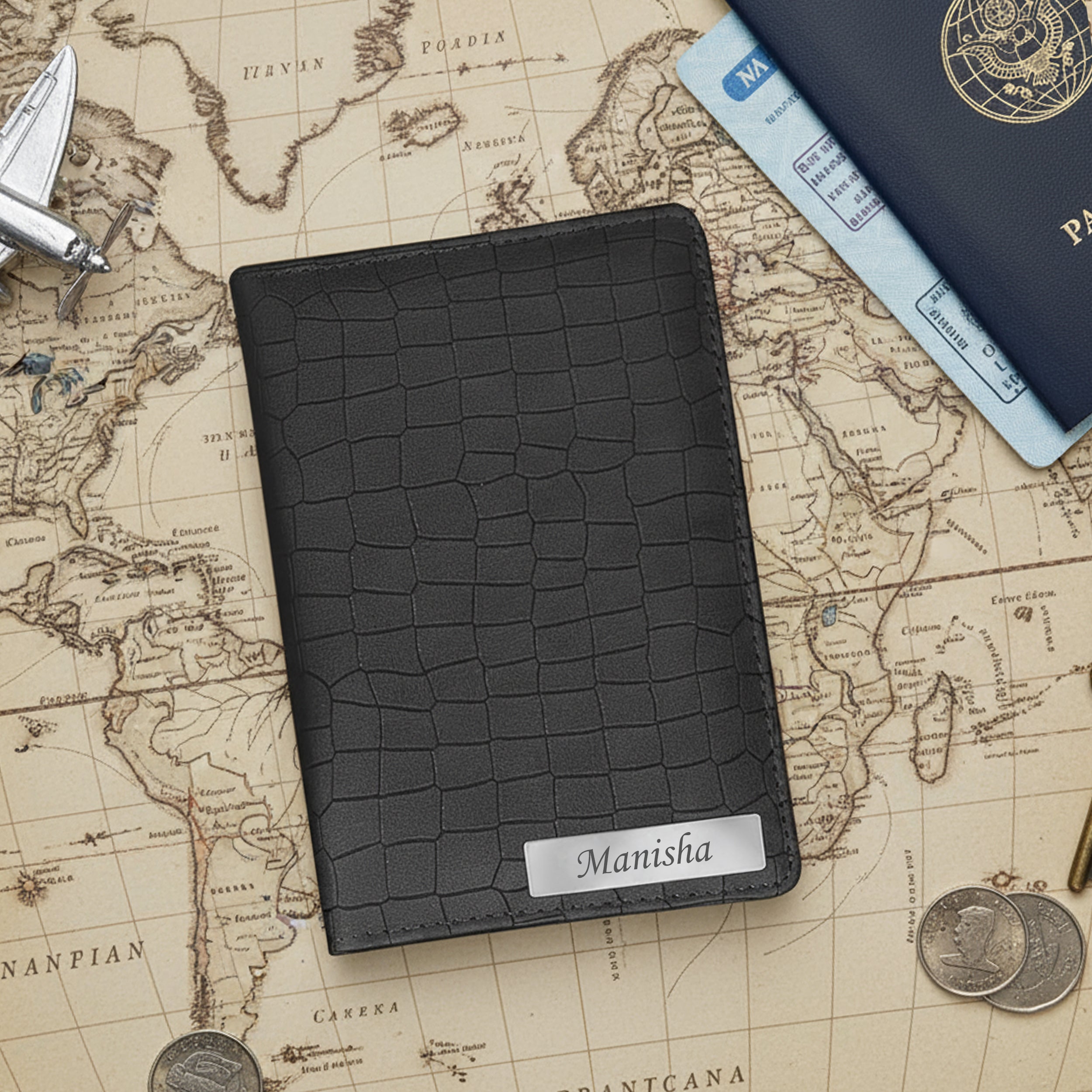 Personalized Croco Design Passport Cover With Name - Grey