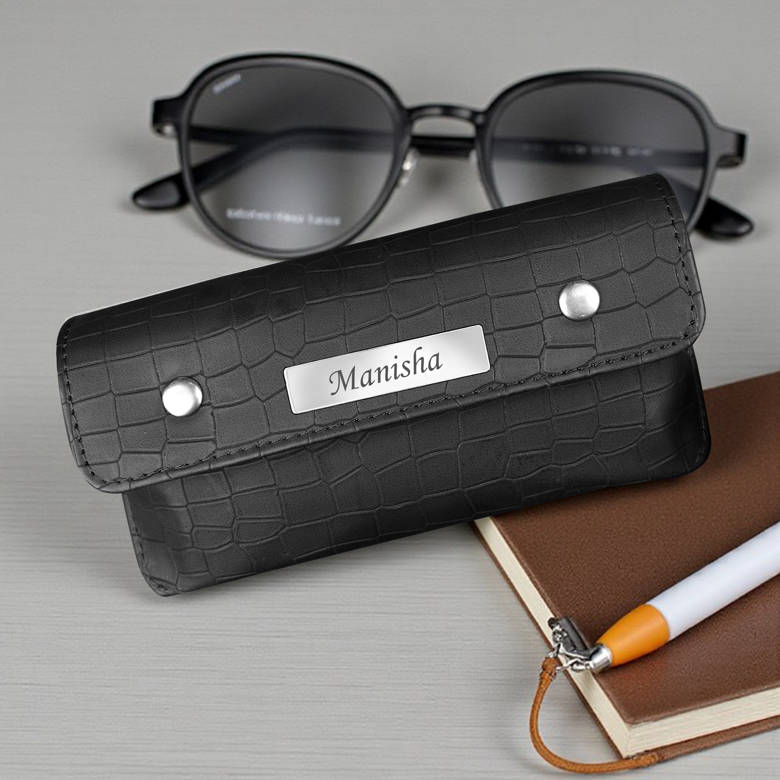 Personalized Croco Design Eyewear Case With Name - Black