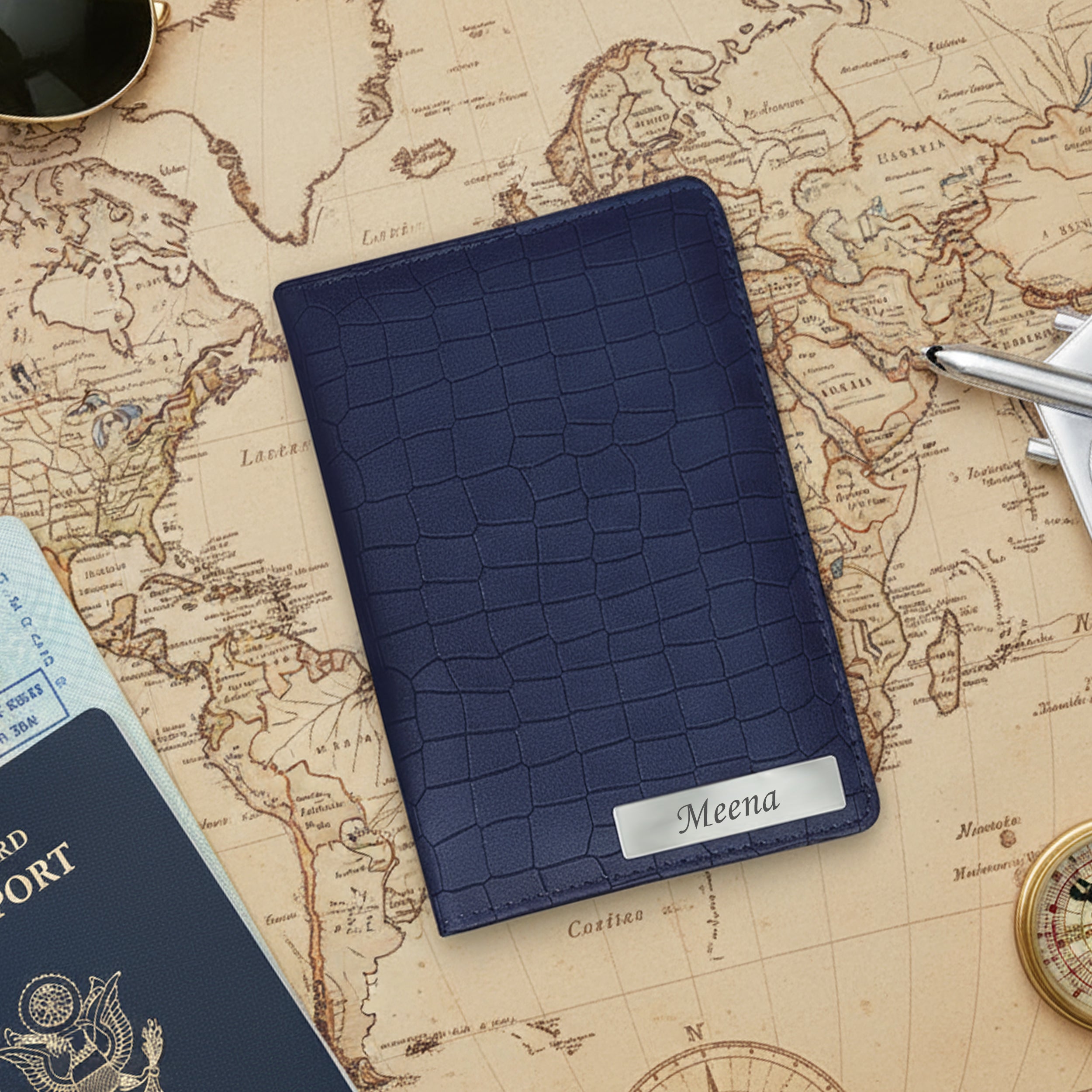 Personalized Croco Design Passport Cover With Name - Blue