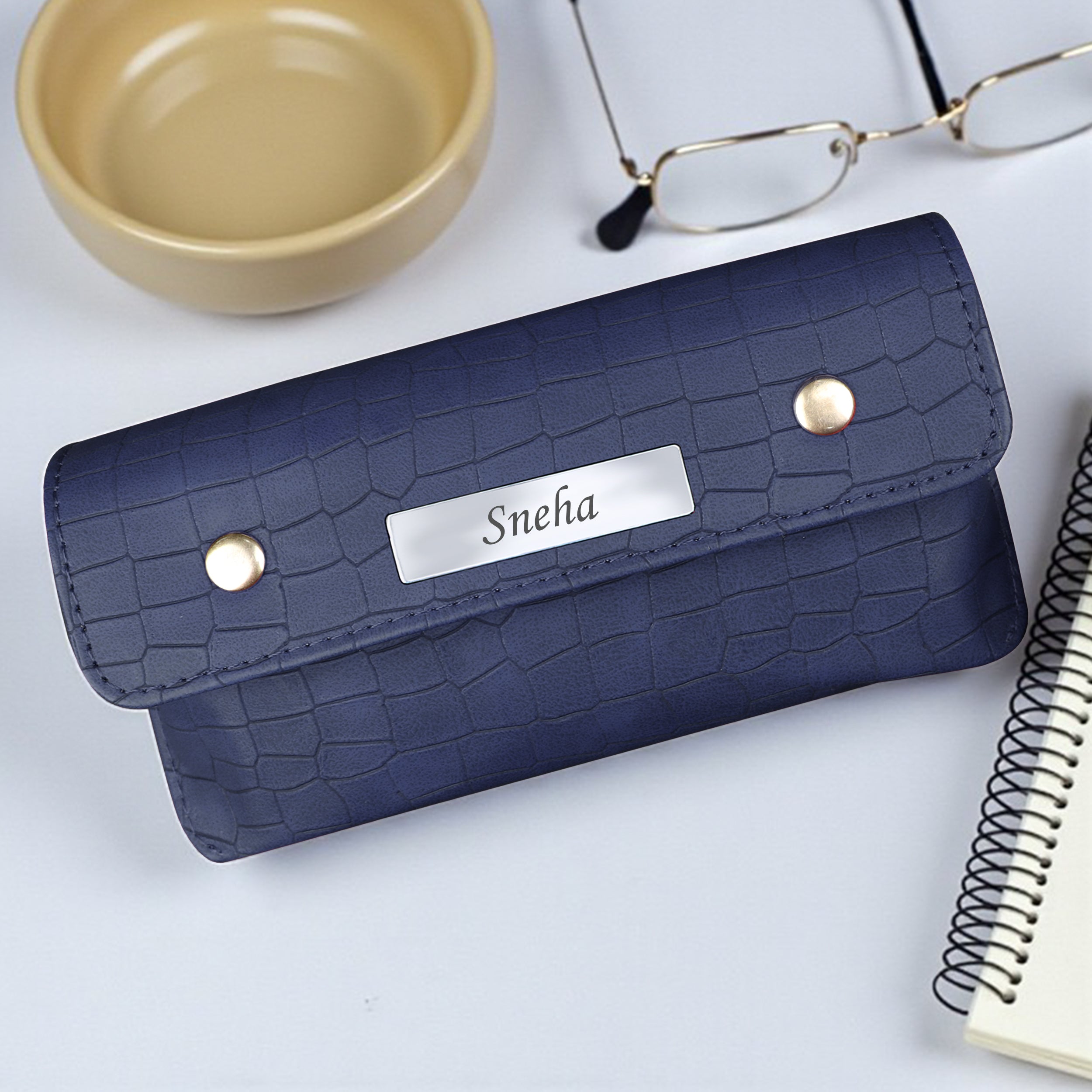 Personalized Croco Design Eyewear Case With Name - Blue
