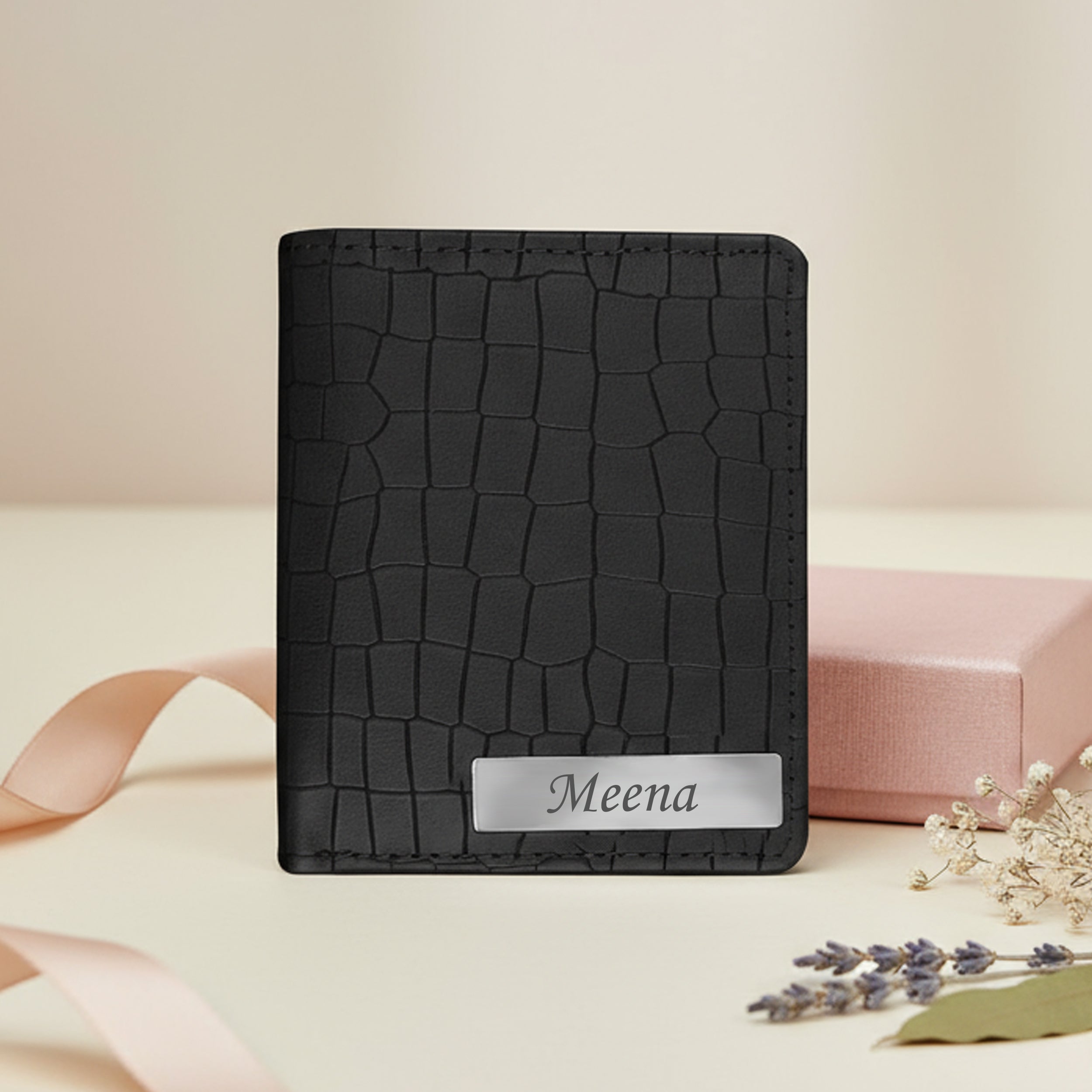 Personalized Croco Design Cardholder With Name - Black