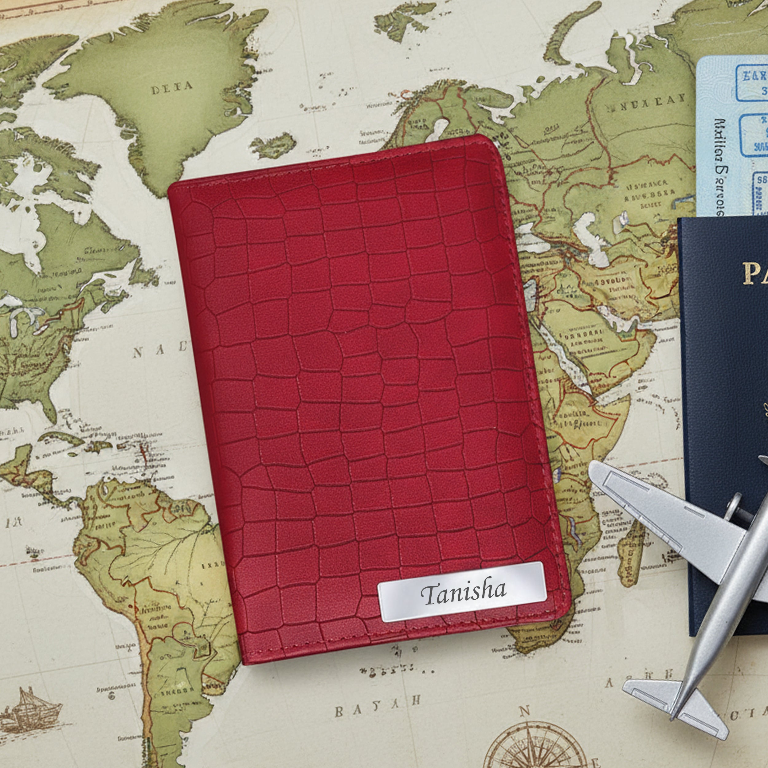 Personalized Croco Design Passport Cover With Name - Red