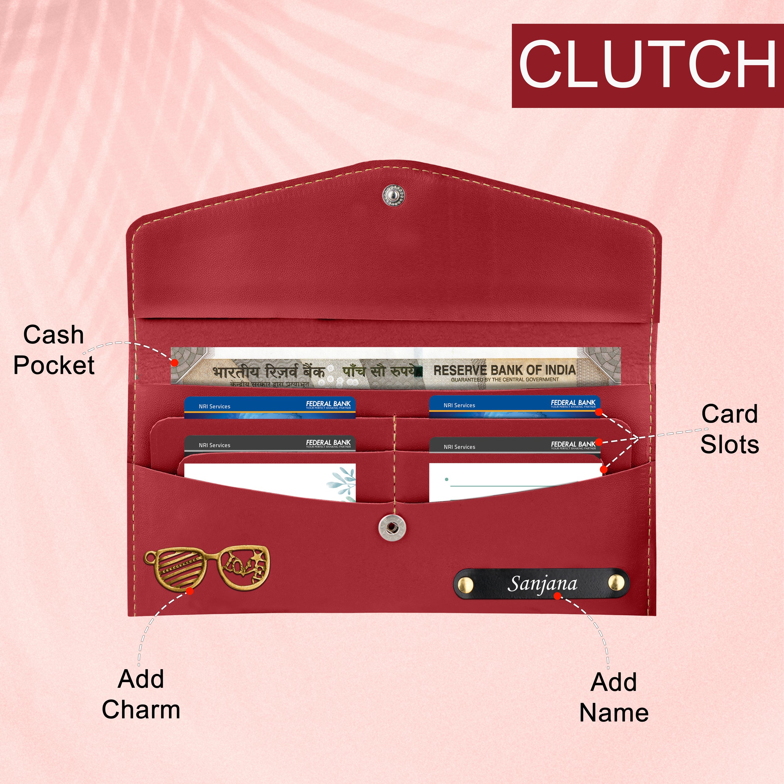 Personalized Charmed Essence Envelope Clutch With Name & Charm - Red