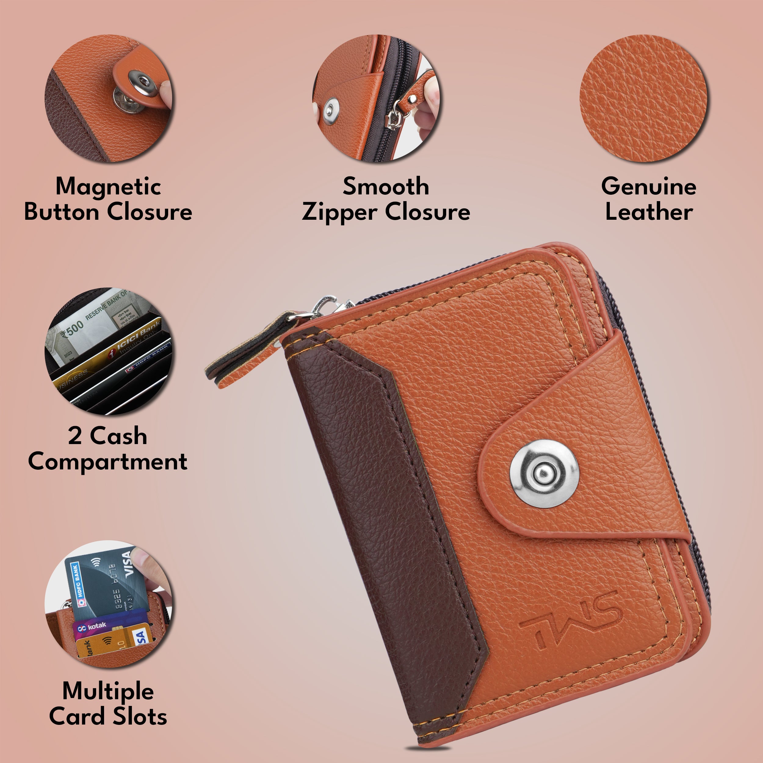 Secure Mate Vegan Leather Zipper Wallet - Tan Brown
