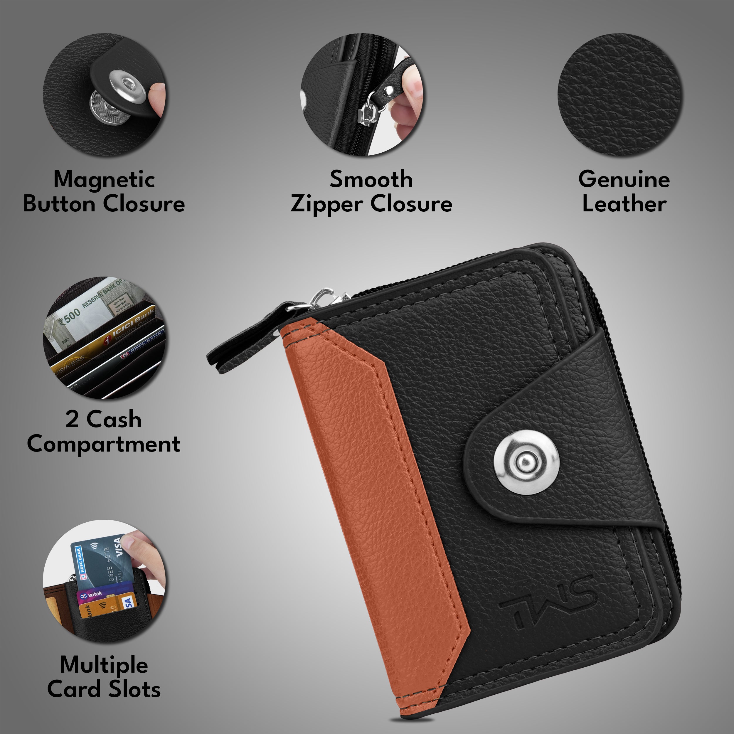 Secure Mate Vegan Leather Zipper Wallet - Black Tan