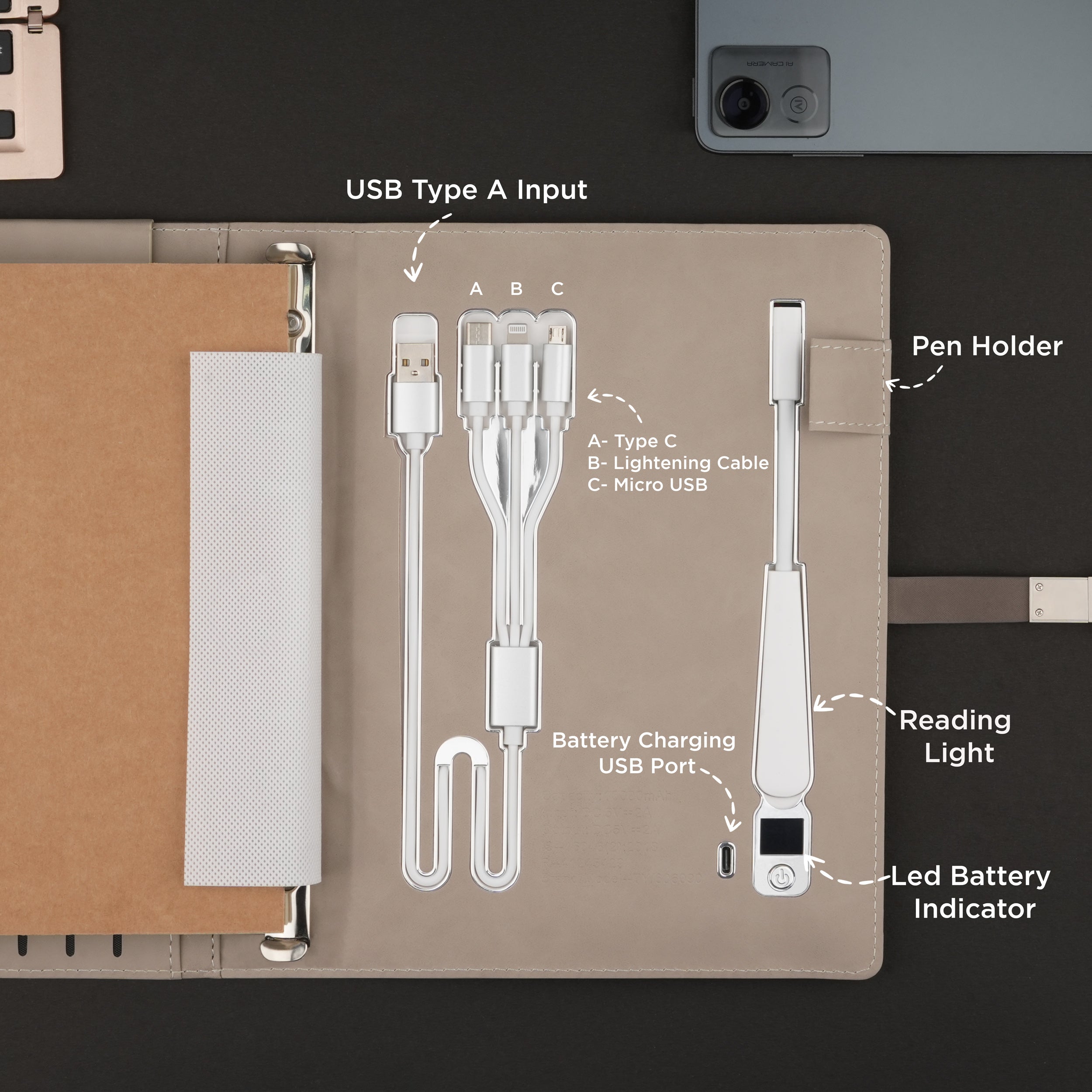 Personalized Power Scribe Diary & Pen Set With Inbuilt LED light & Wireless Charging