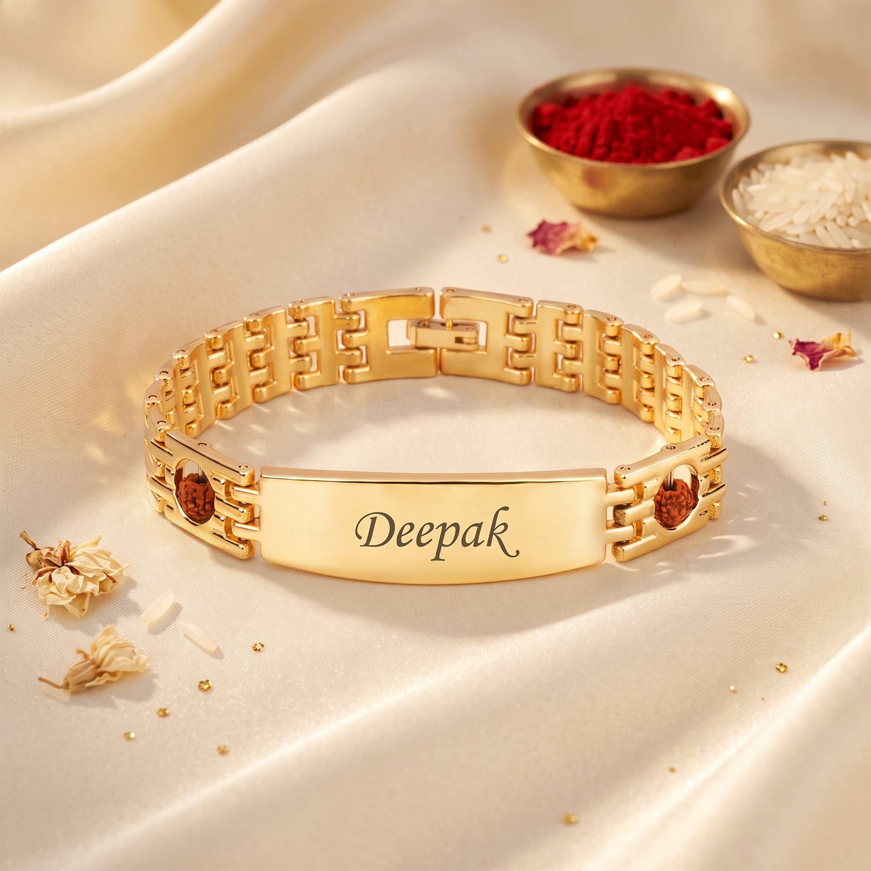 Personalized Rudra Bandhan Bracelet Rakhi With Gift Box - Golden