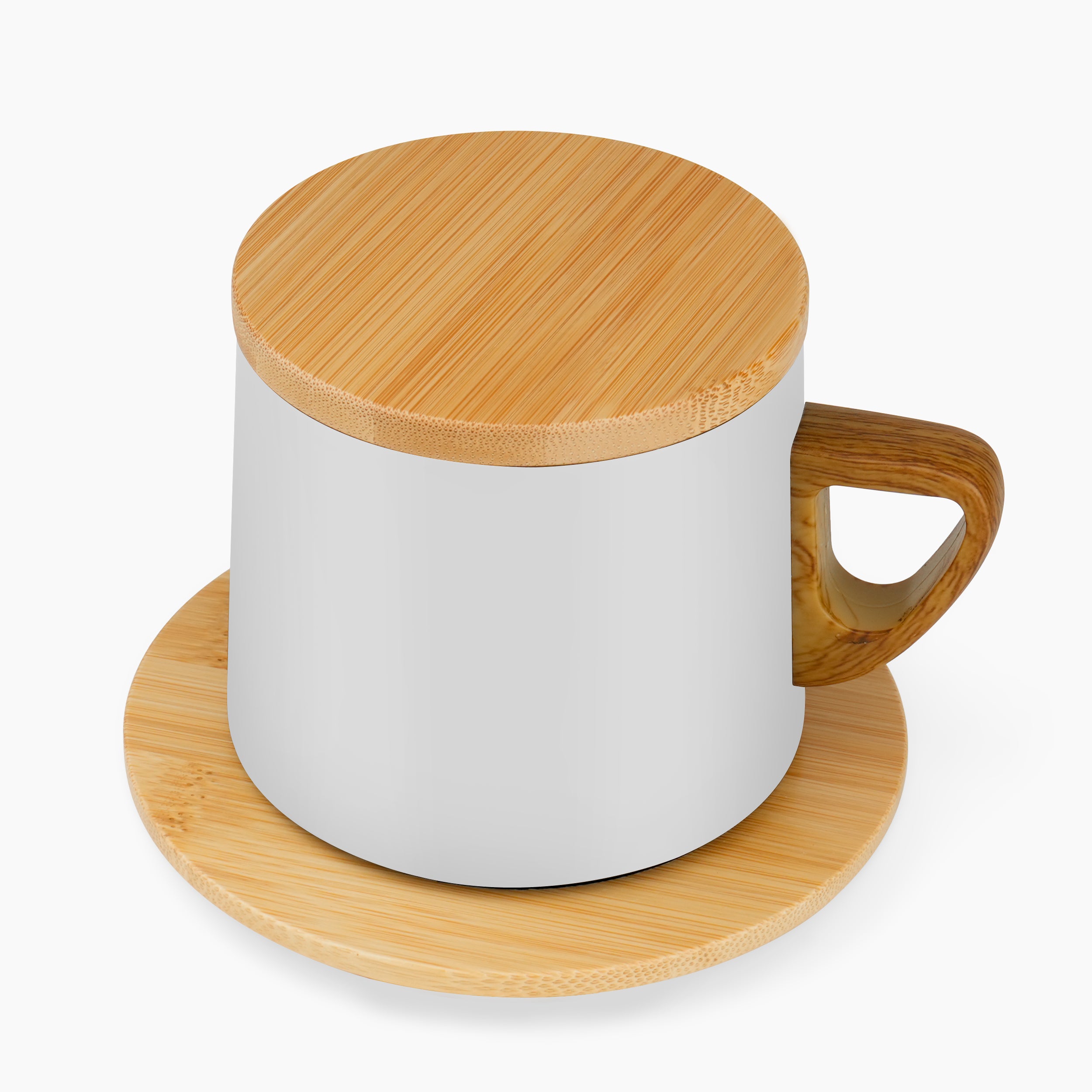 Eco Brew Ceramic Coffee Mug With Bamboo Lid & Saucer - White