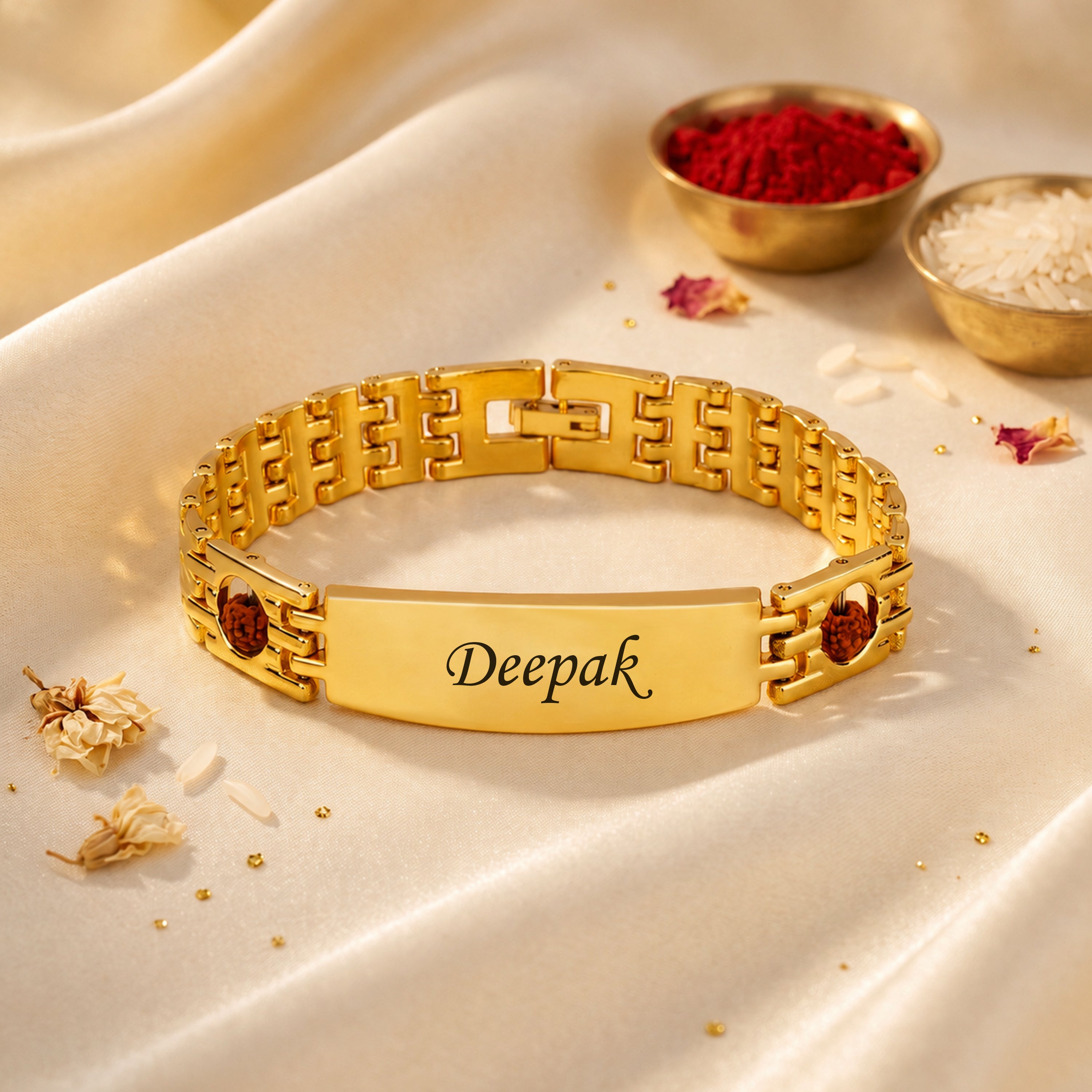 Personalized Rudra Bandhan Bracelet Rakhi With Gift Box - Golden
