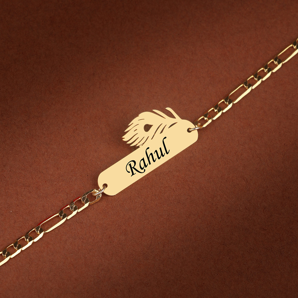 Personalized Metal Peacock Feather Rakhi With Name