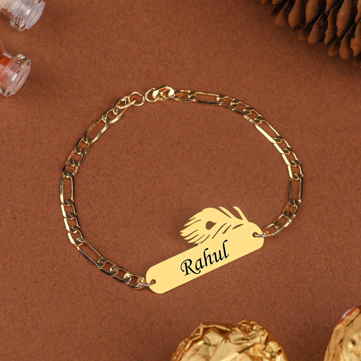 Personalized Metal Peacock Feather Rakhi With Name