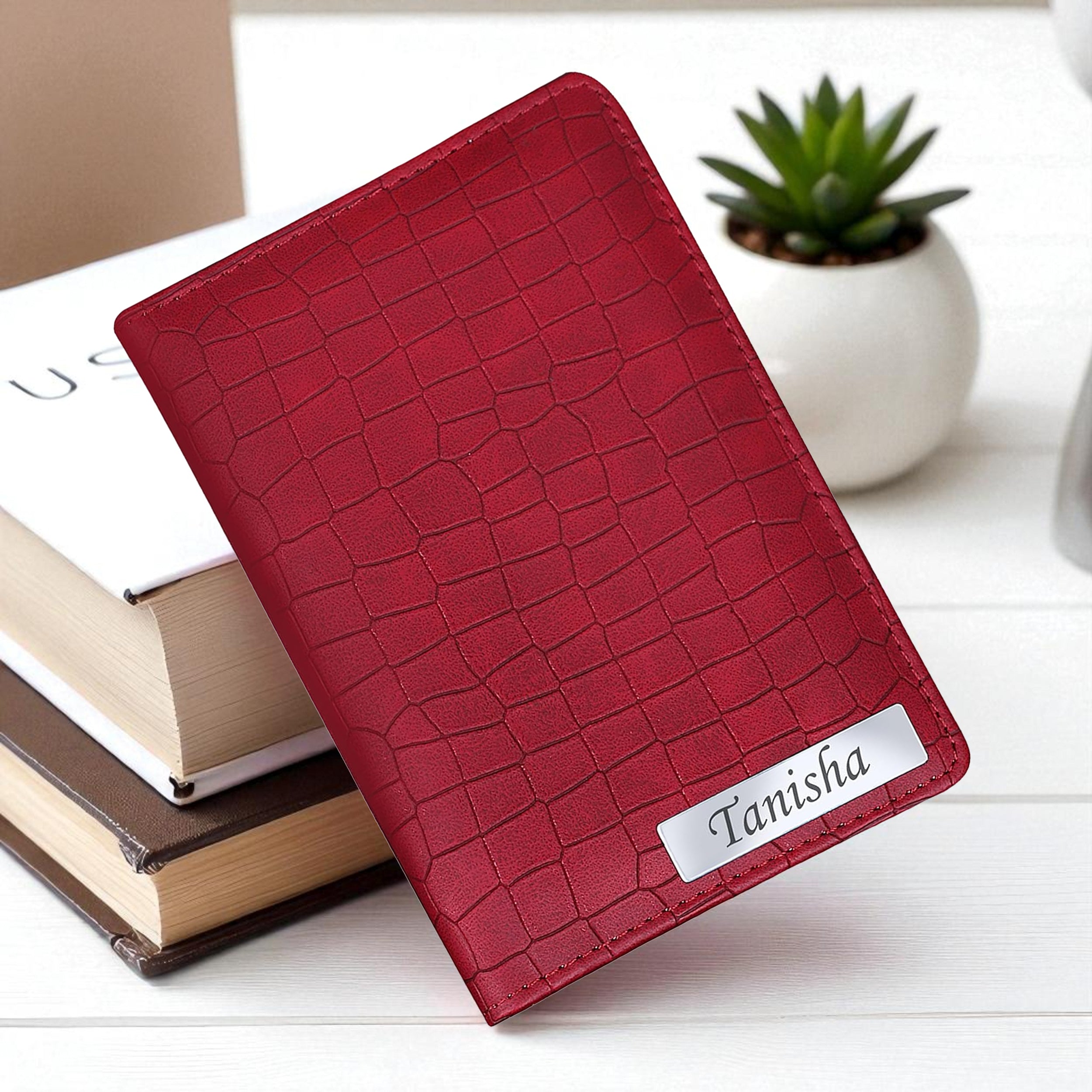 Personalized Croco Design Passport Cover With Name - Red