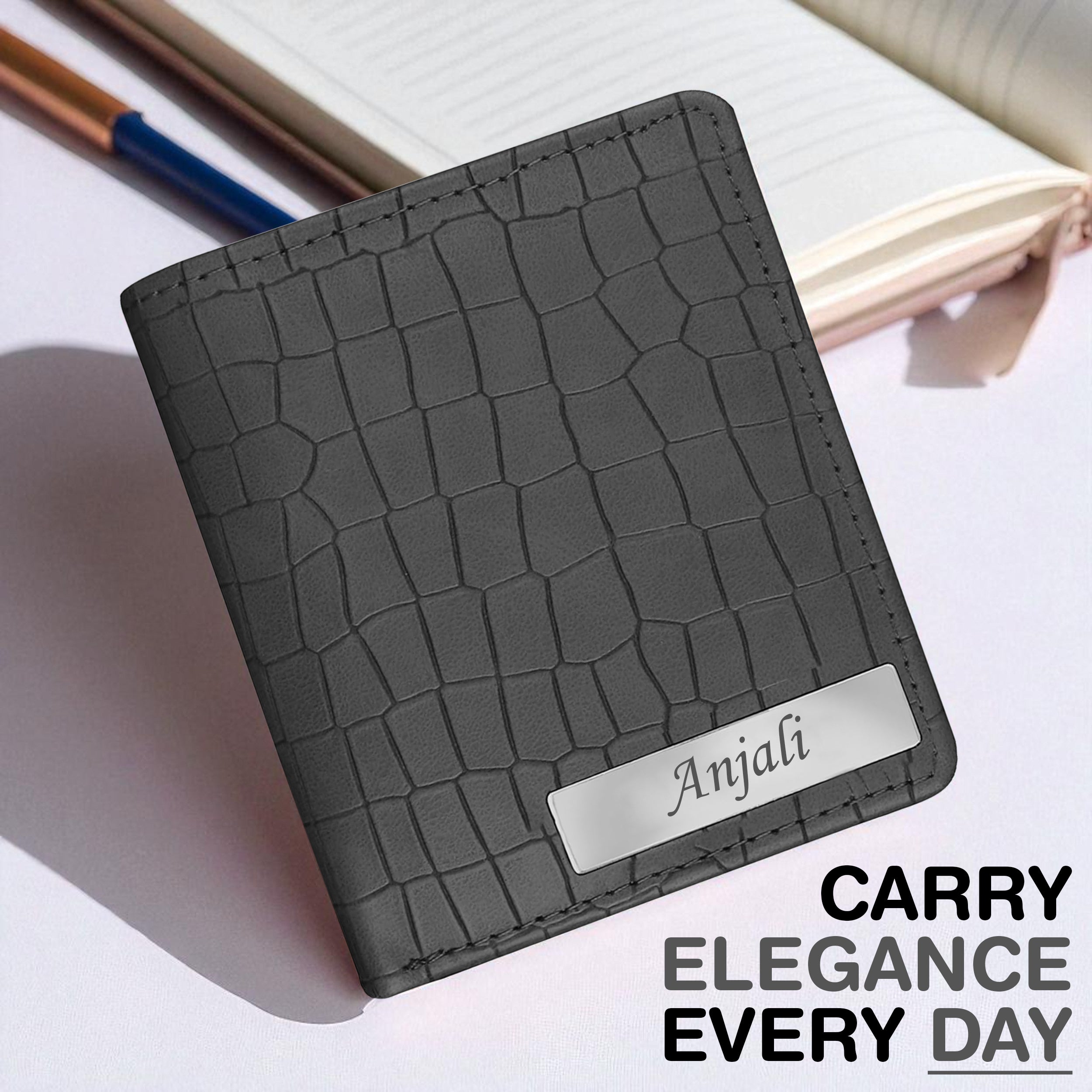 Personalized Croco Design Cardholder With Name - Grey