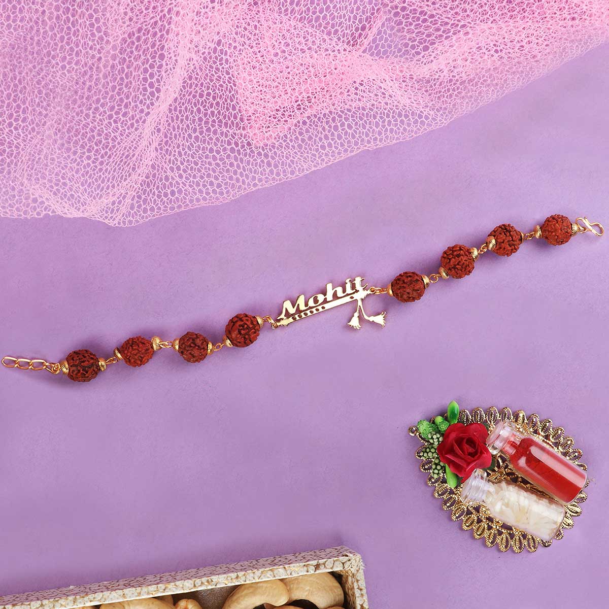 Personalized Rudraksh Chain Rakhi With Classic Style Name
