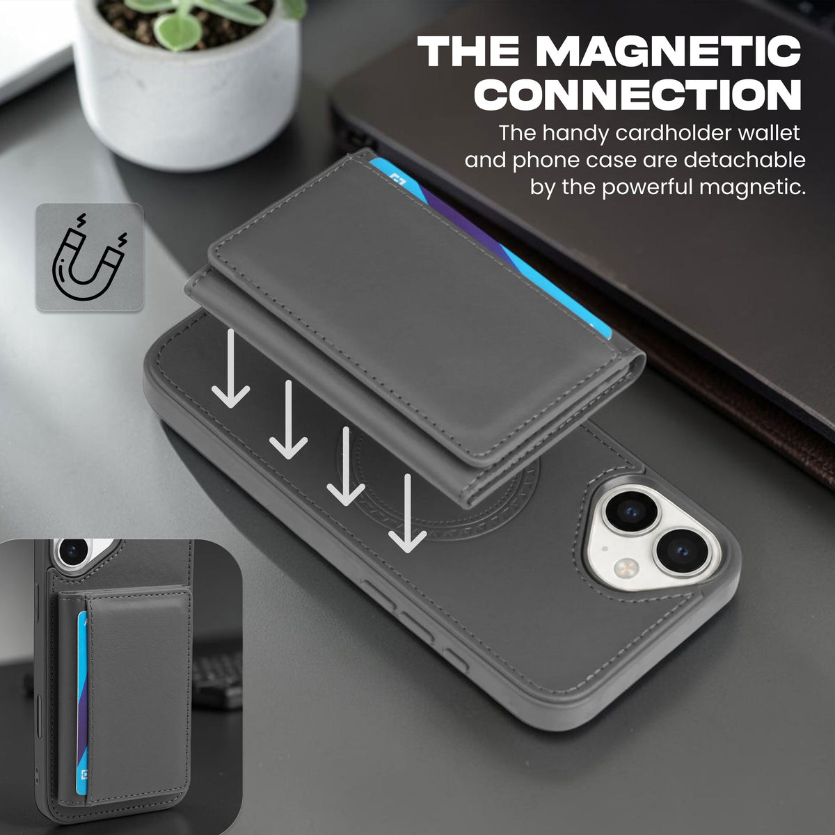 iPhone 16 Plus Magnetic Case with Detachable Cardholder - Grey