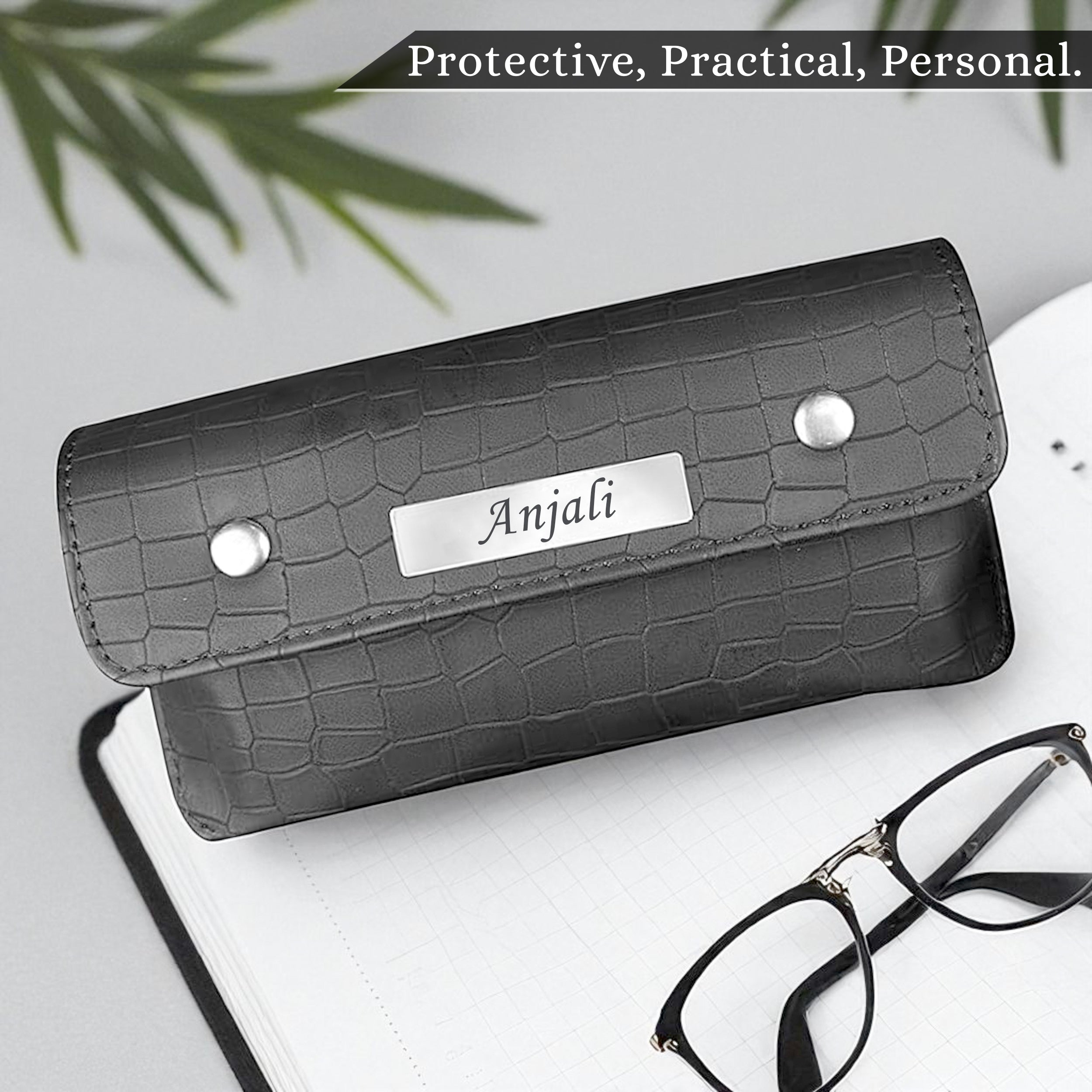 Personalized Croco Design Eyewear Case With Name - Grey