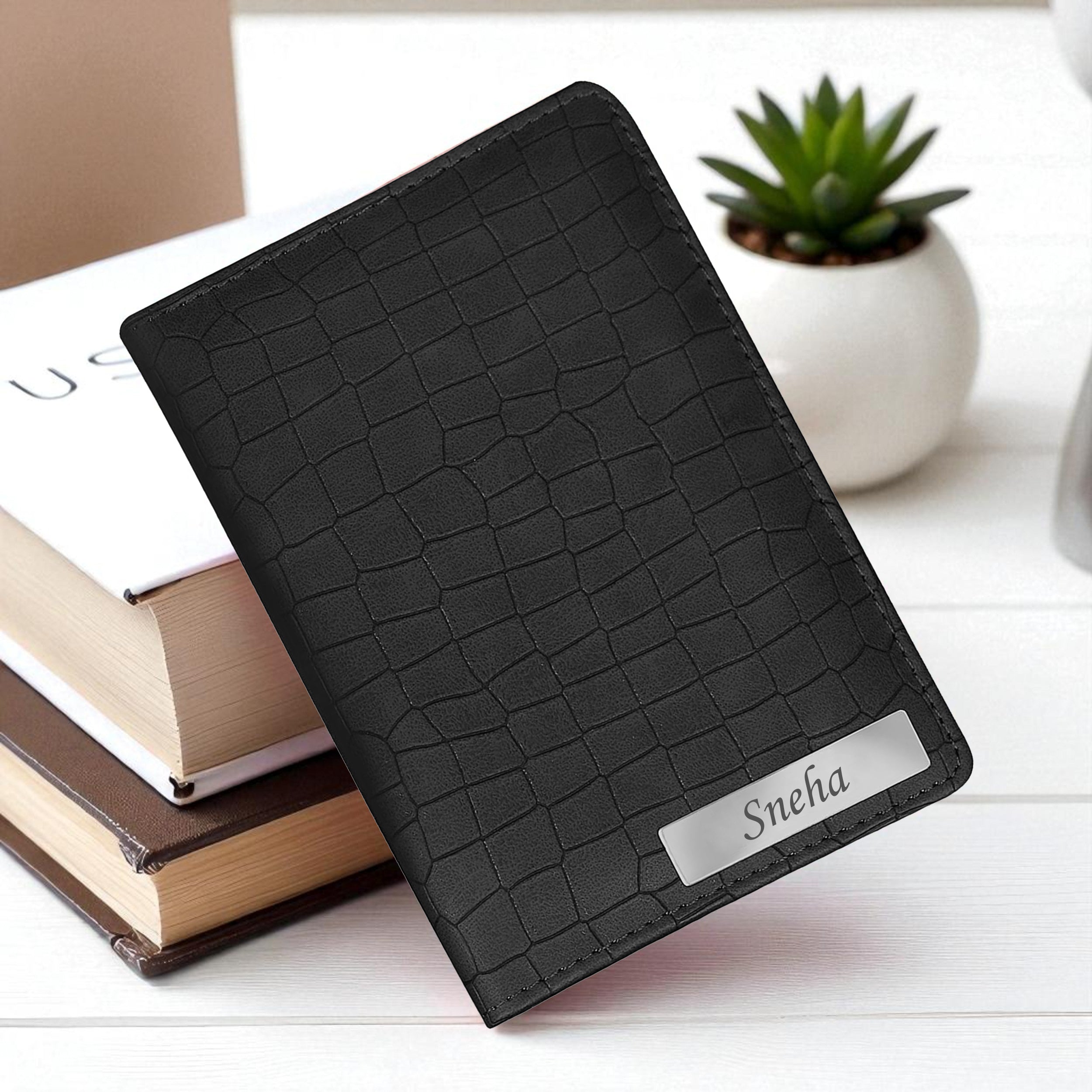 Personalized Croco Design Passport Cover With Name - Black