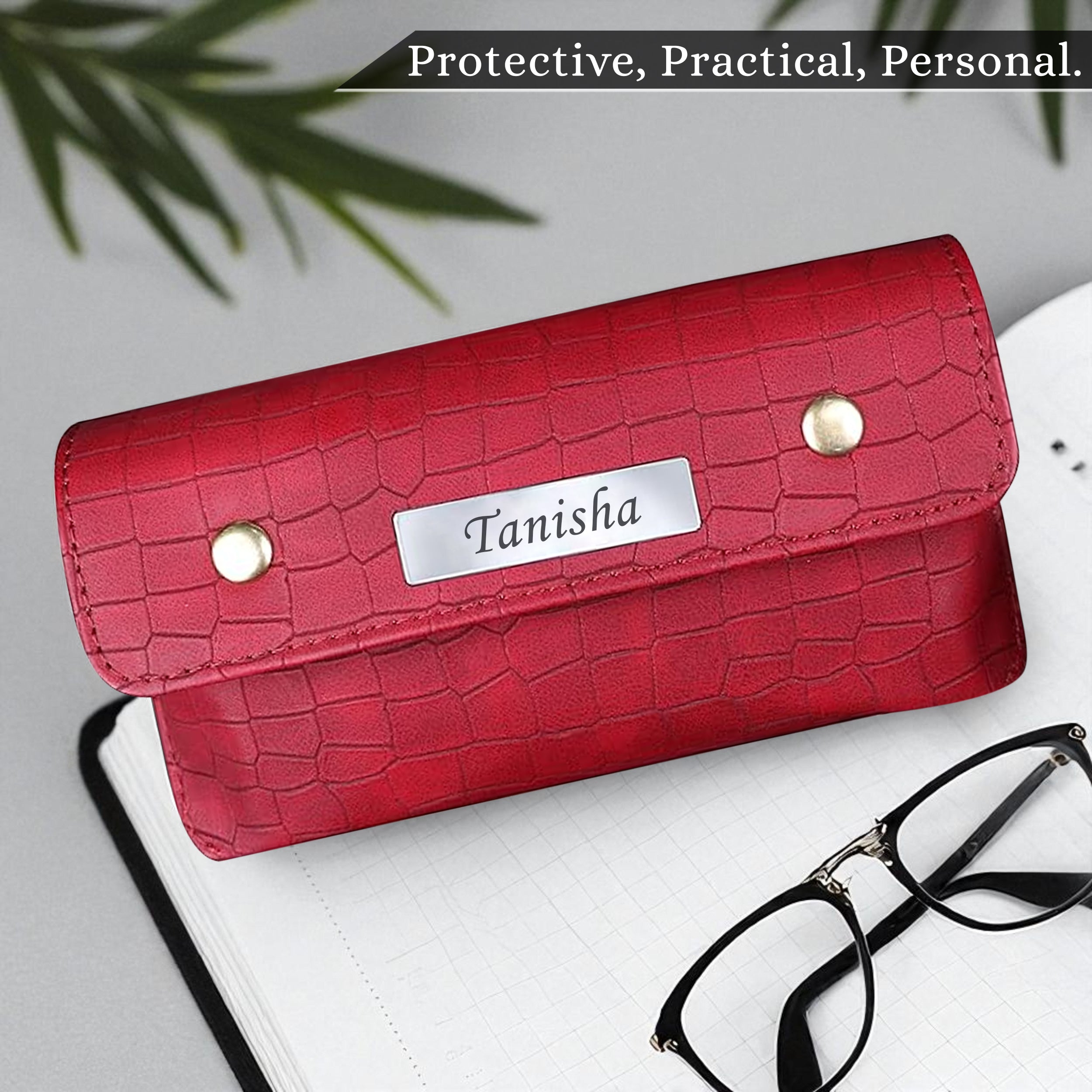 Personalized Croco Design Eyewear Case With Name - Red