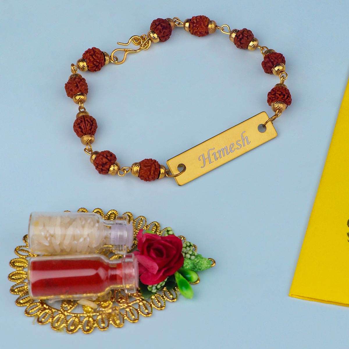 Personalized Rudraksh Rakhi With Roli Chawal