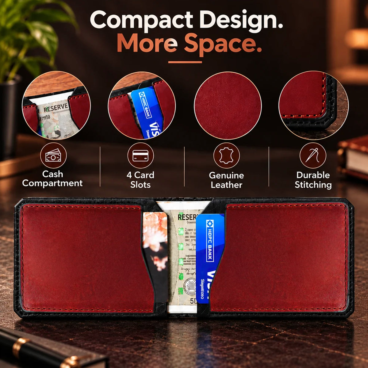 Hunter Dual-Tone Leather Wallet with Tich Button Closure - Red