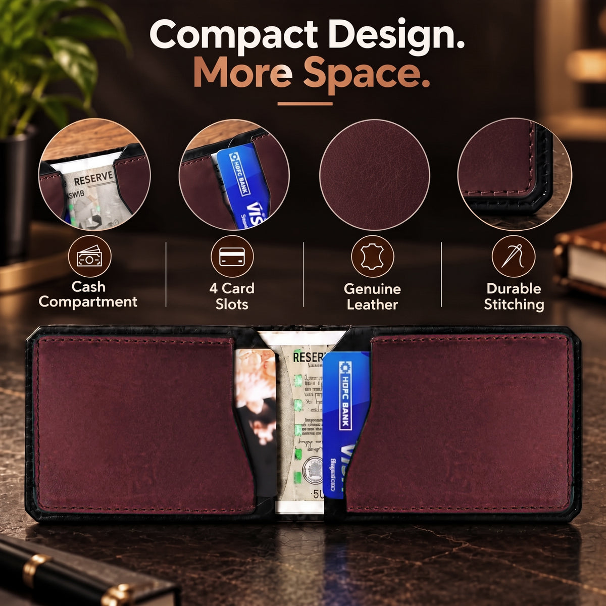 Hunter Dual-Tone Leather Wallet with Tich Button Closure - Maroon
