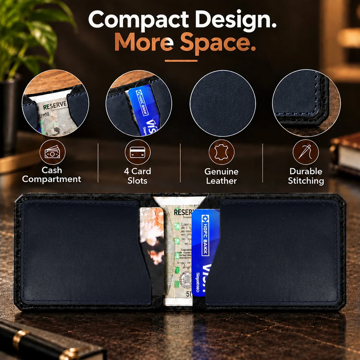 Hunter Dual-Tone Leather Wallet with Tich Button Closure - Blue