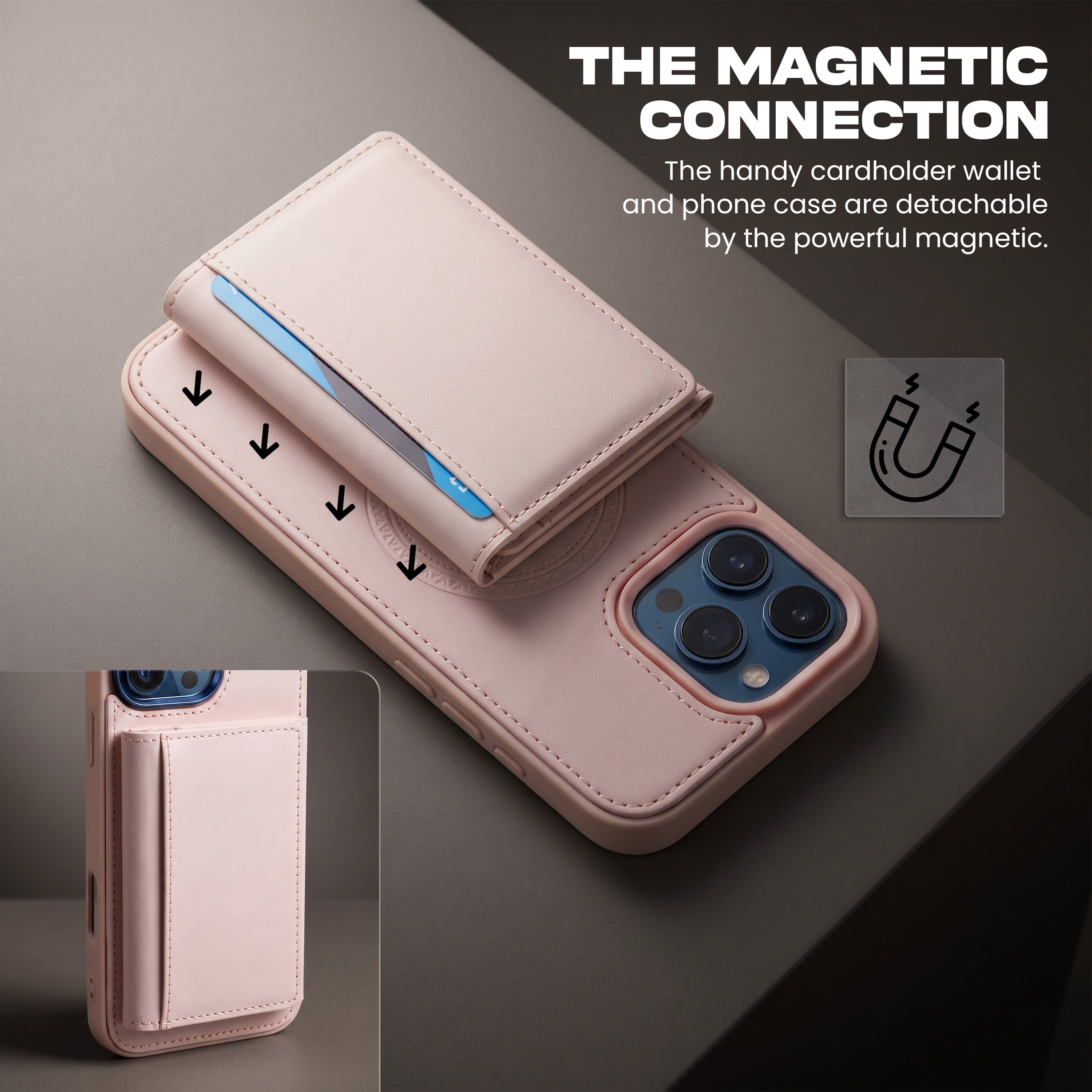 iPhone 16 Pro Max Magnetic Case with Detachable Cardholder - Pink