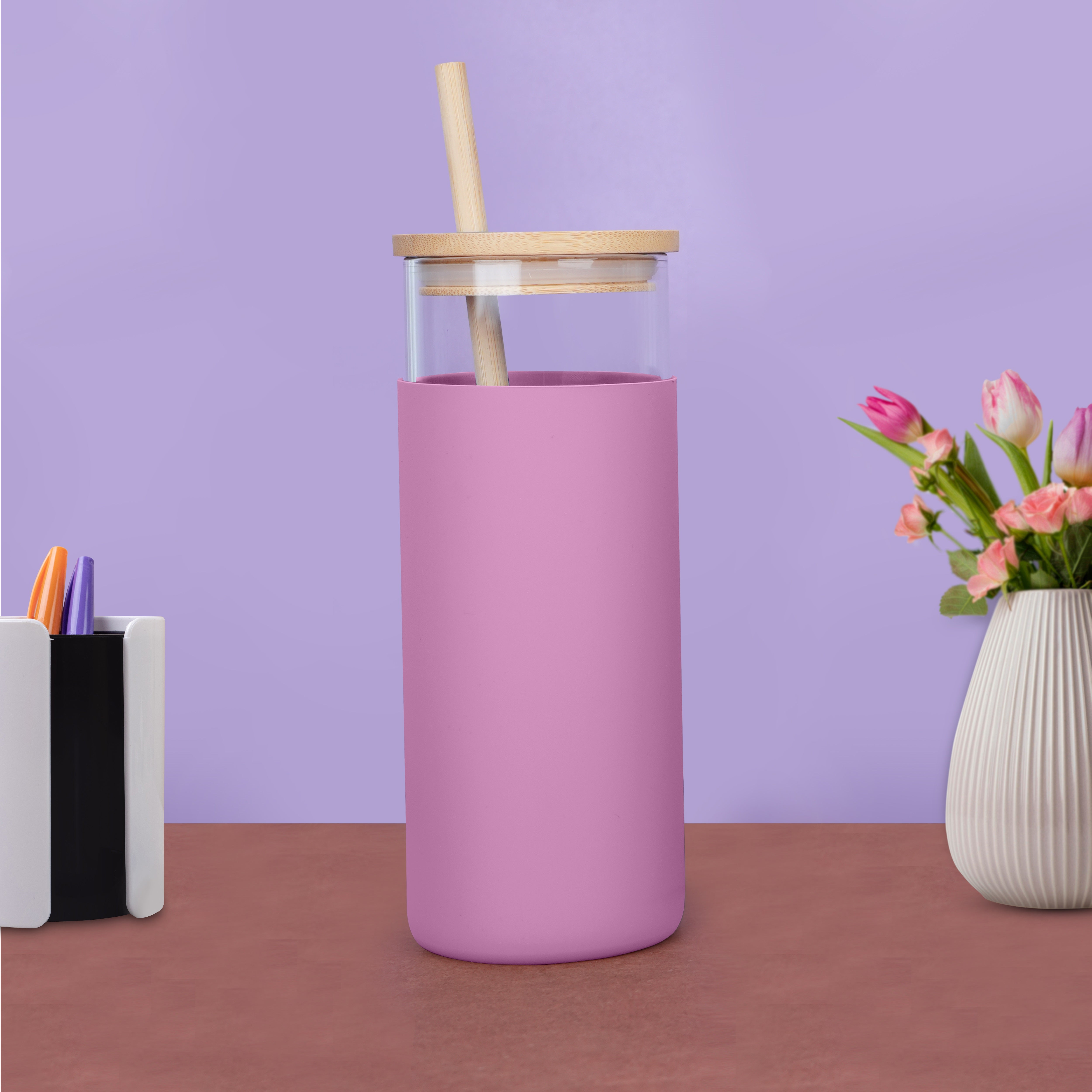 Sleek Borosilicate Glass Tumbler With Silicone Sleeve Bamboo Lid & Straw