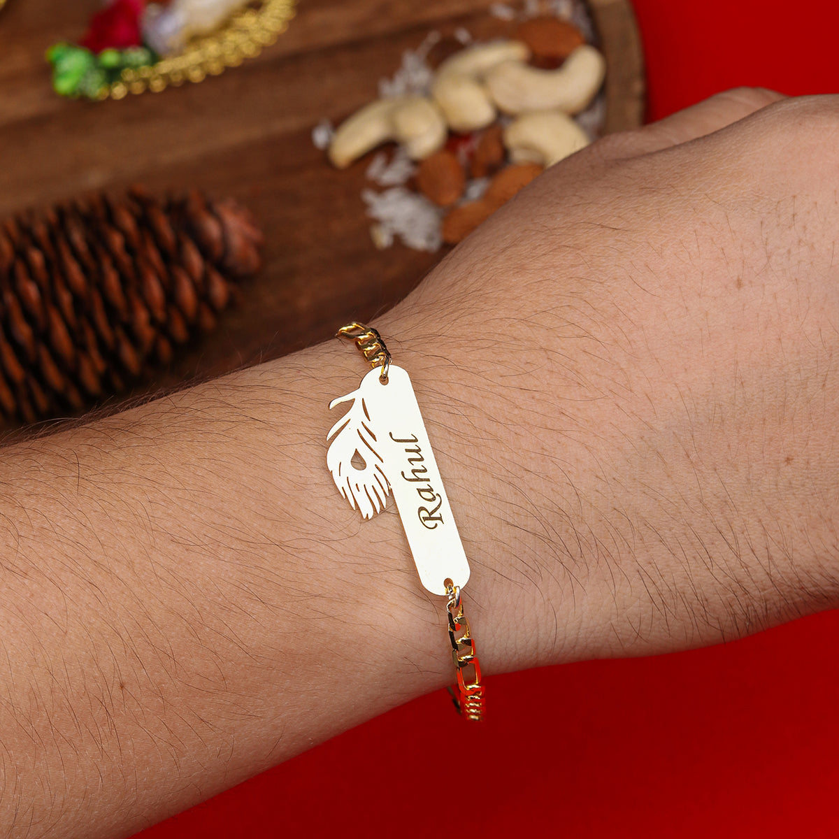 Personalized Metal Peacock Feather Rakhi With Name