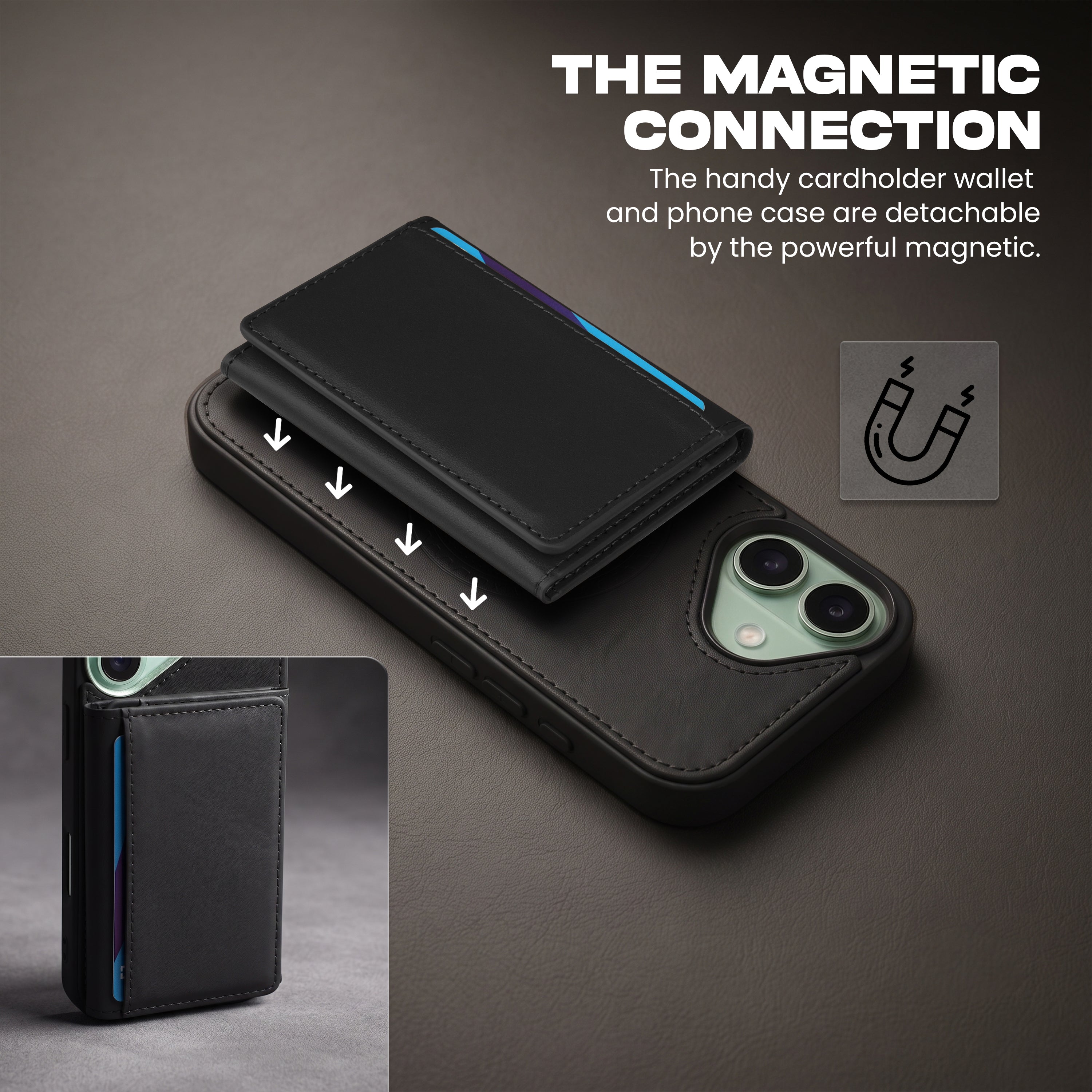 iPhone 16 Magnetic Case with Detachable Cardholder - Black
